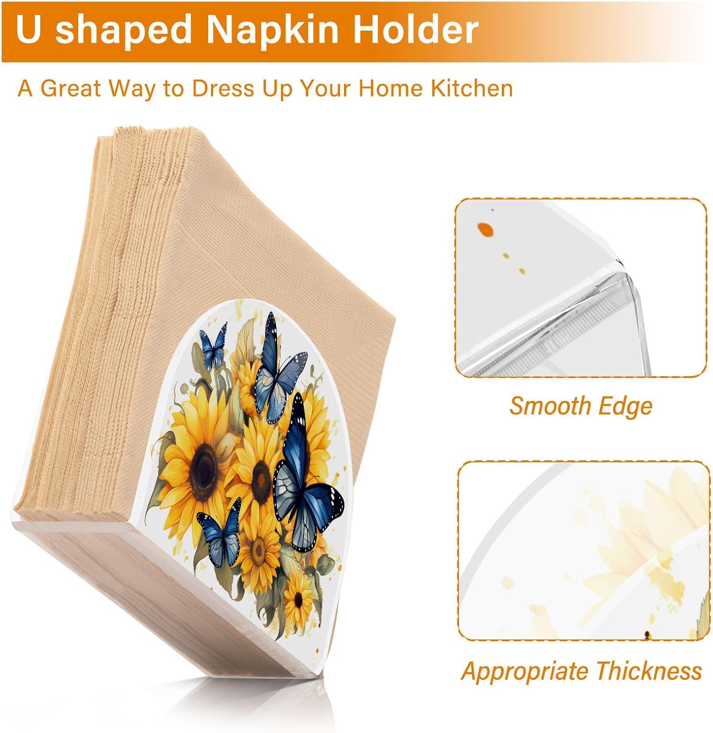 Servilletero de acrílico transparente con girasol y mariposa, servilletero, dispensador de mesa de comedor para cocina, restaurante, decoración del
