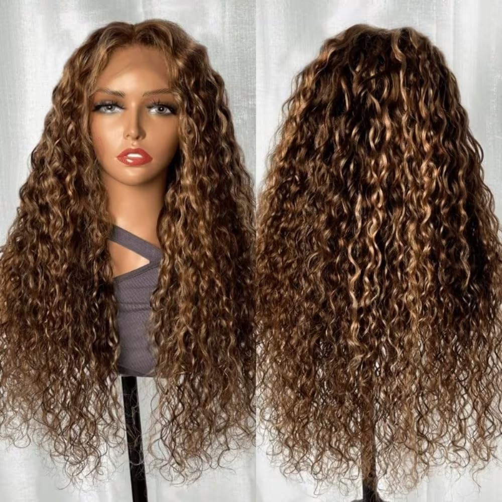 YIROO Peluca de cabello humano ondulado con reflejos miel de 13 x 4 HD, transparente, encaje frontal, peluca rubia castaño, con balayage, peluca