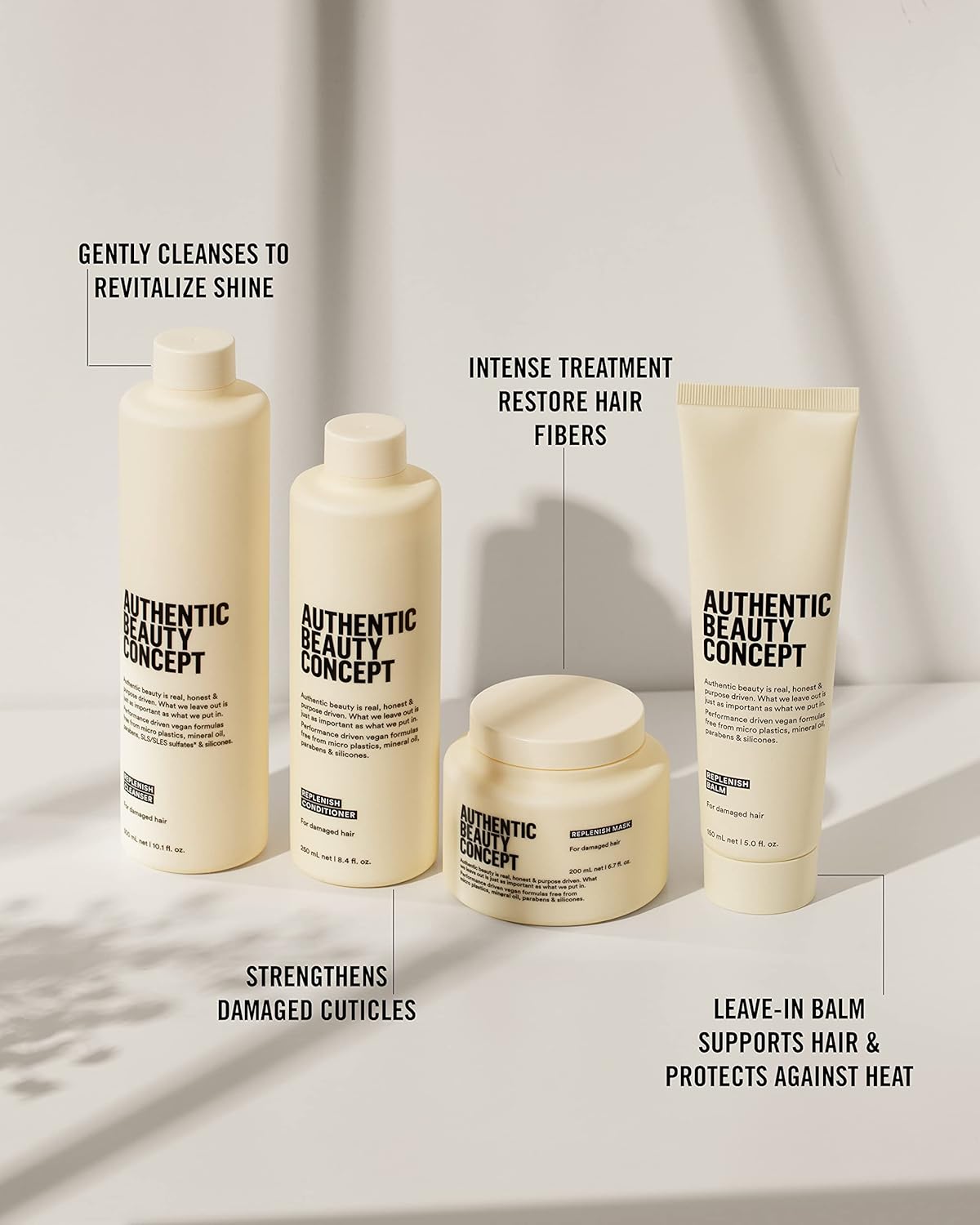 Authentic Beauty Concept Set de limpiador y acondicionador Replenish  Champú + acondicionador  Cabello dañado  Nutre y fortalece el cabello  Vegano