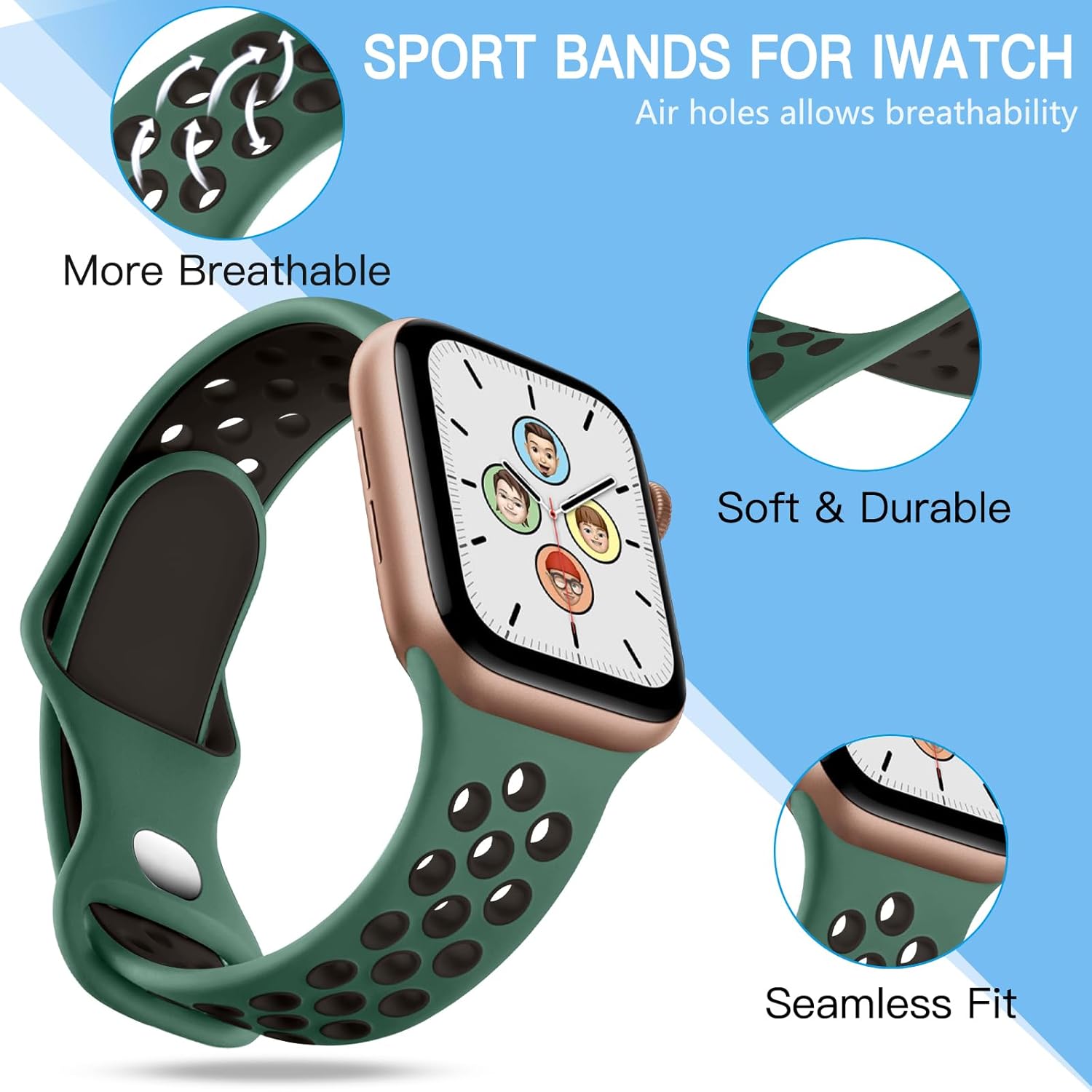 Adorve Compatible con correas de reloj Apple Watch de 1.929 in, 1.772 in, 1.732 in, 1.654 in, para mujeres y hombres, correa deportiva de silicona
