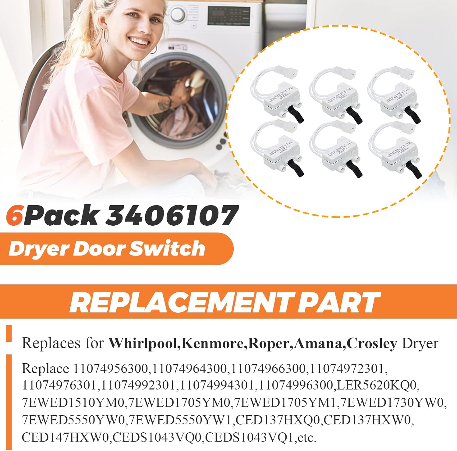 Beaquicy – Interruptor para puerta de secadora 3406107, repuesto para secadora Whirlpool, Ken-more, Roper, Amana, Crosley (paquete de 6)