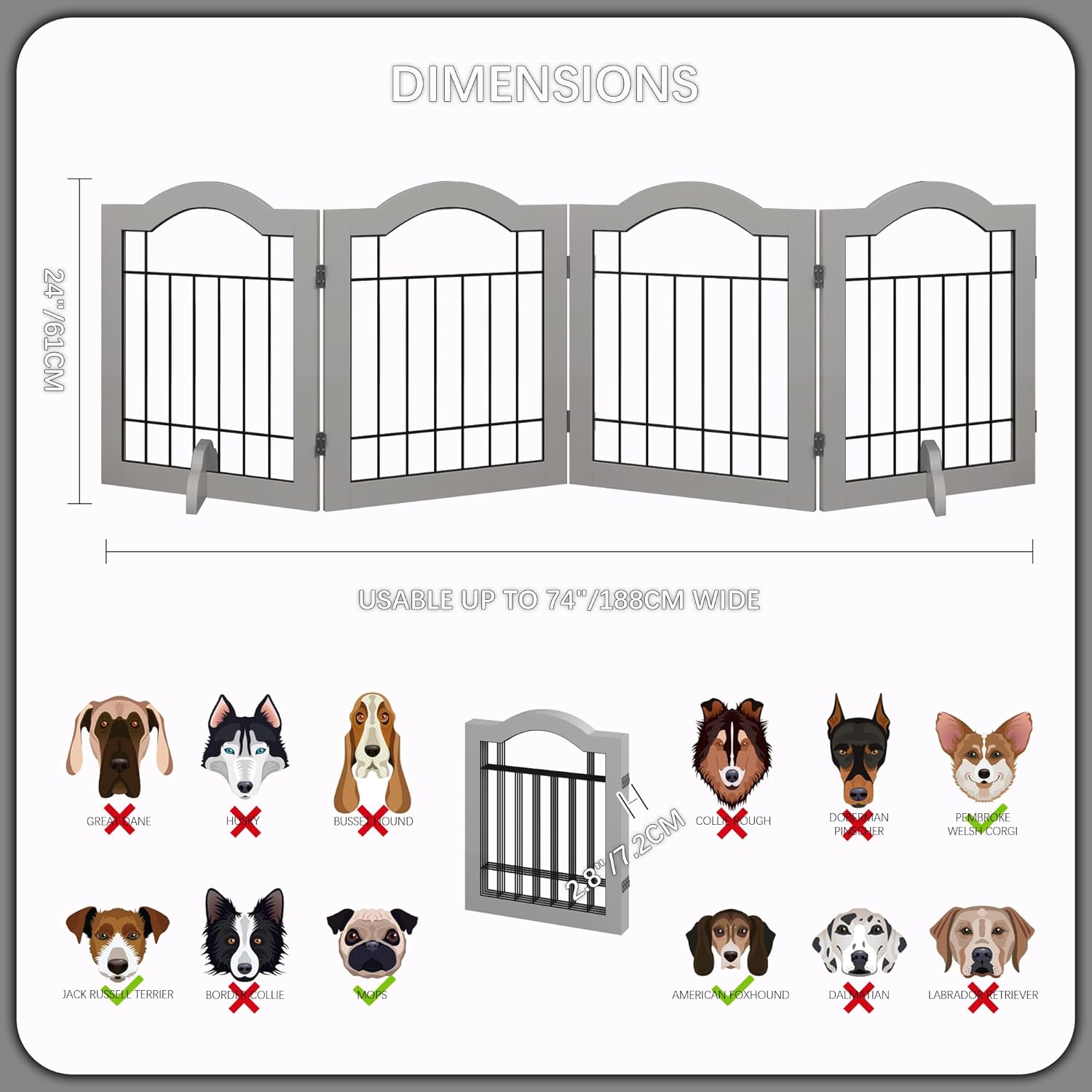 GHQ&ME – Puerta independiente independiente de 80 pulgadas de ancho y 24 pulgadas de alto, sin montaje, puerta plegable de madera para perros, para
