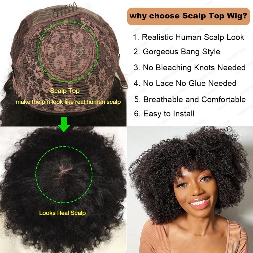 Peluca afro rizada con flequillo, hecha a máquina, peluca superior del cuero cabelludo de 200 de densidad, cabello humano virgen brasileño, corto,