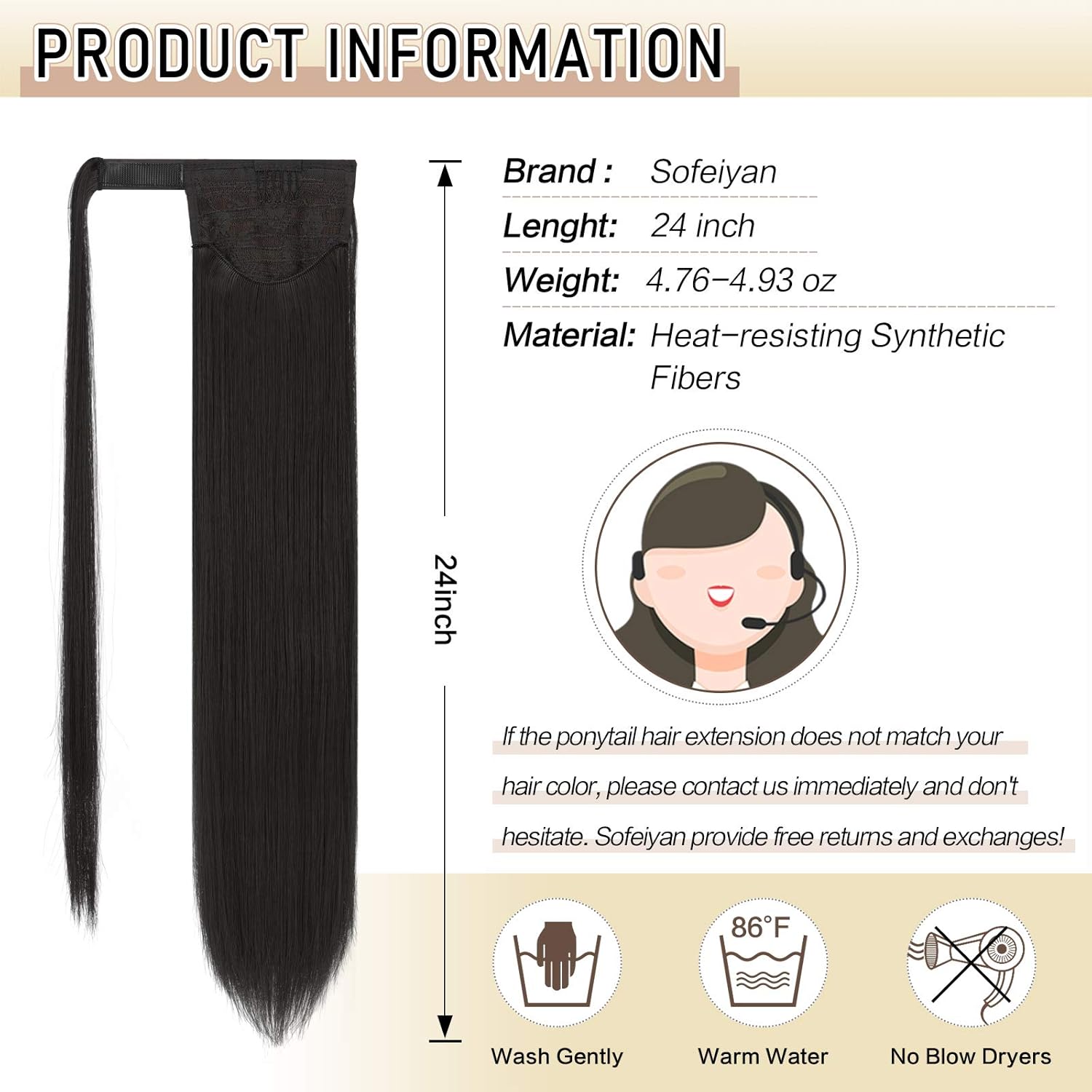 Sofeiyan – Extensión de cola de caballo larga, cabello lacio sintético, extensión con clip envolvente para mujer