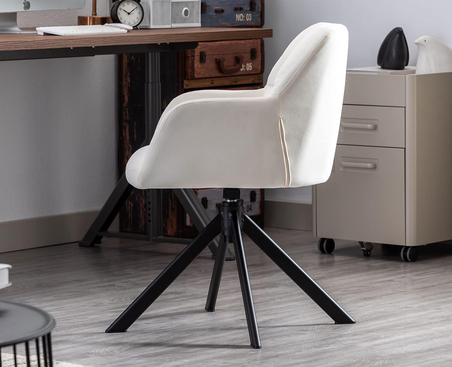 Lei Yu Shunzhi Cómoda silla giratoria de escritorio con acento de terciopelo sin ruedas, tarea de computadora con brazo de respaldo medio para