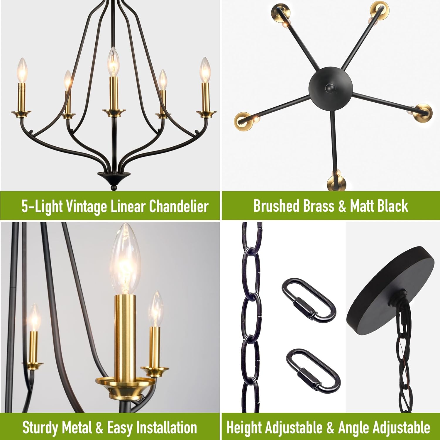 Candelabro de 5 luces color negro mate y latón, 25 pulgadas, color dorado cepillado, iluminación colgante moderna para isla de cocina, comedor y