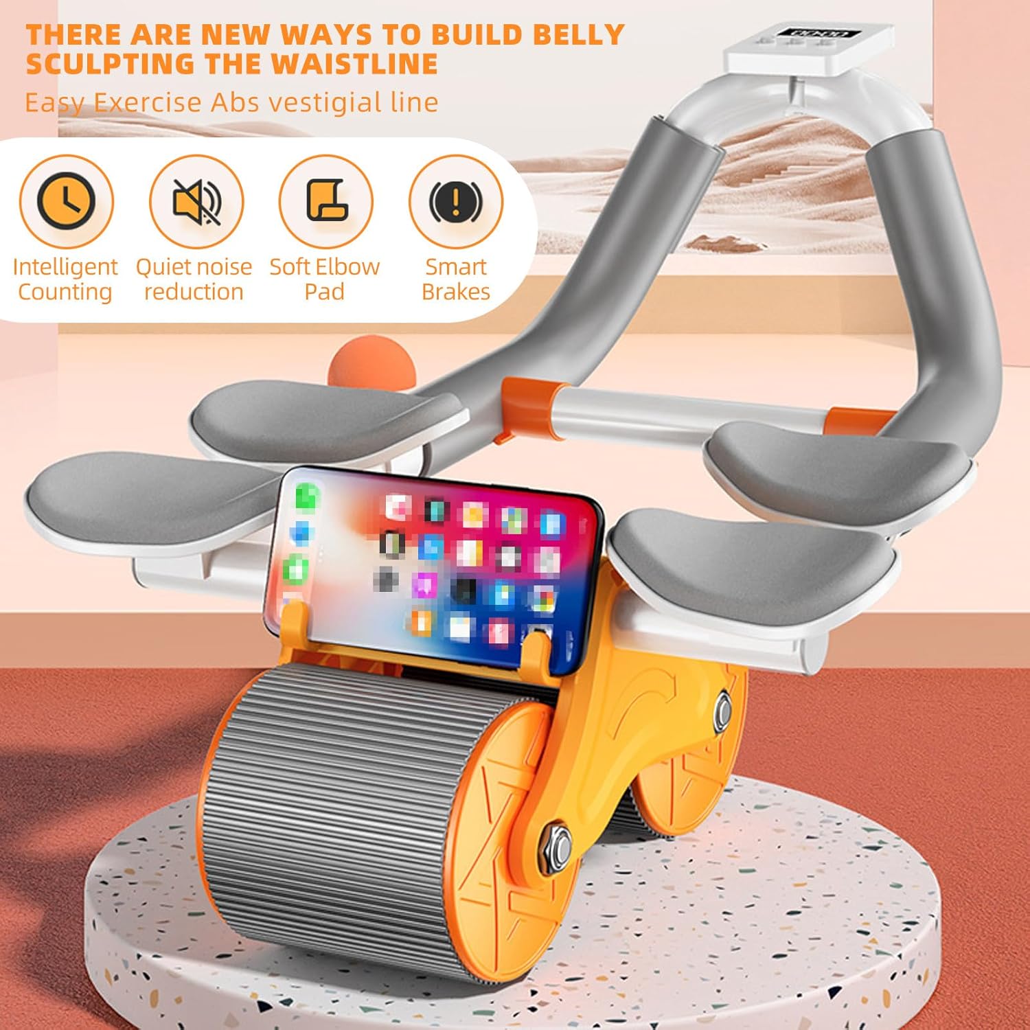 Rodillo de abdominales con soporte para el codo, rueda abdominal de rebote automático mejorada con 4 codos, temporizador, rodillera, equipo de