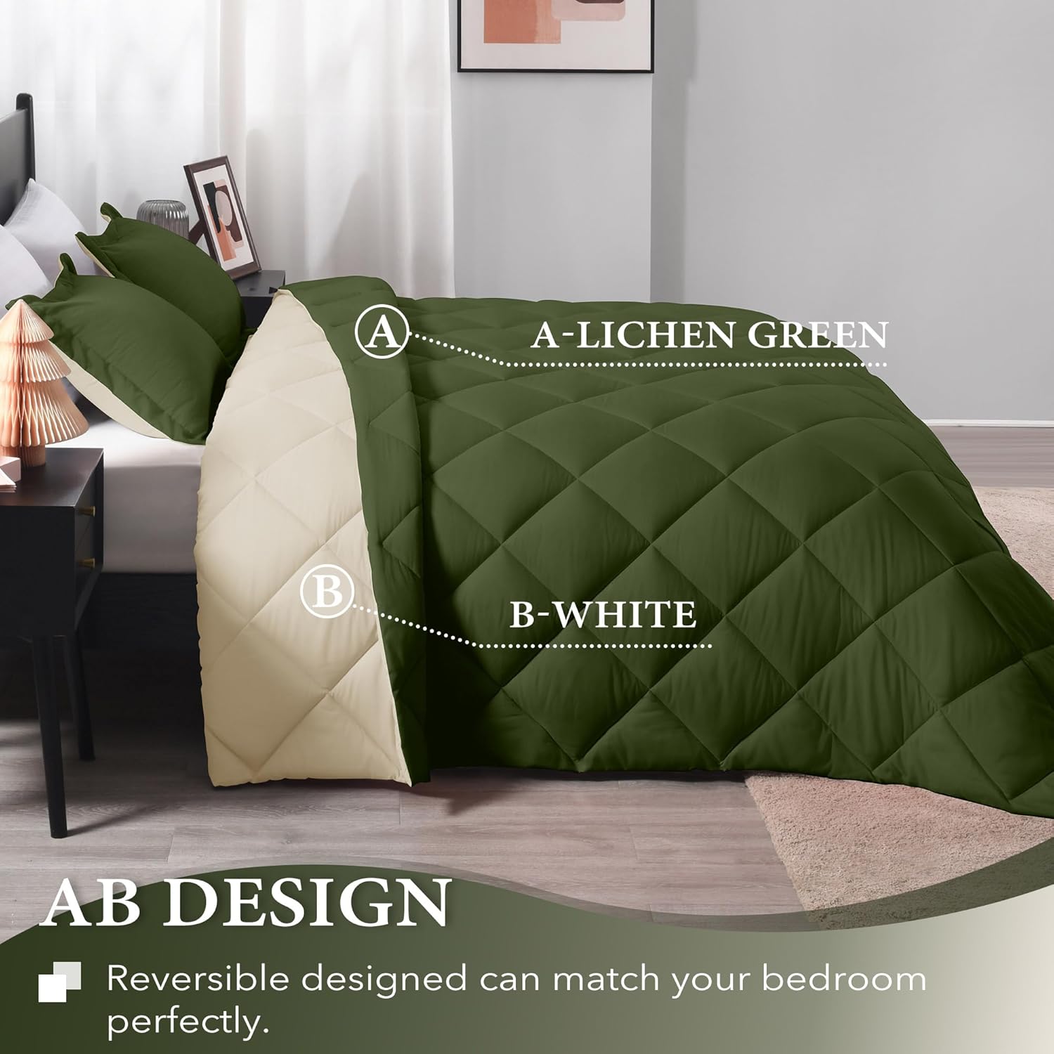 downluxe Juego de edredón ligero (individual) con 1 funda de almohada, juego de 2 piezas, color verde liquen y blanco, edredón reversible