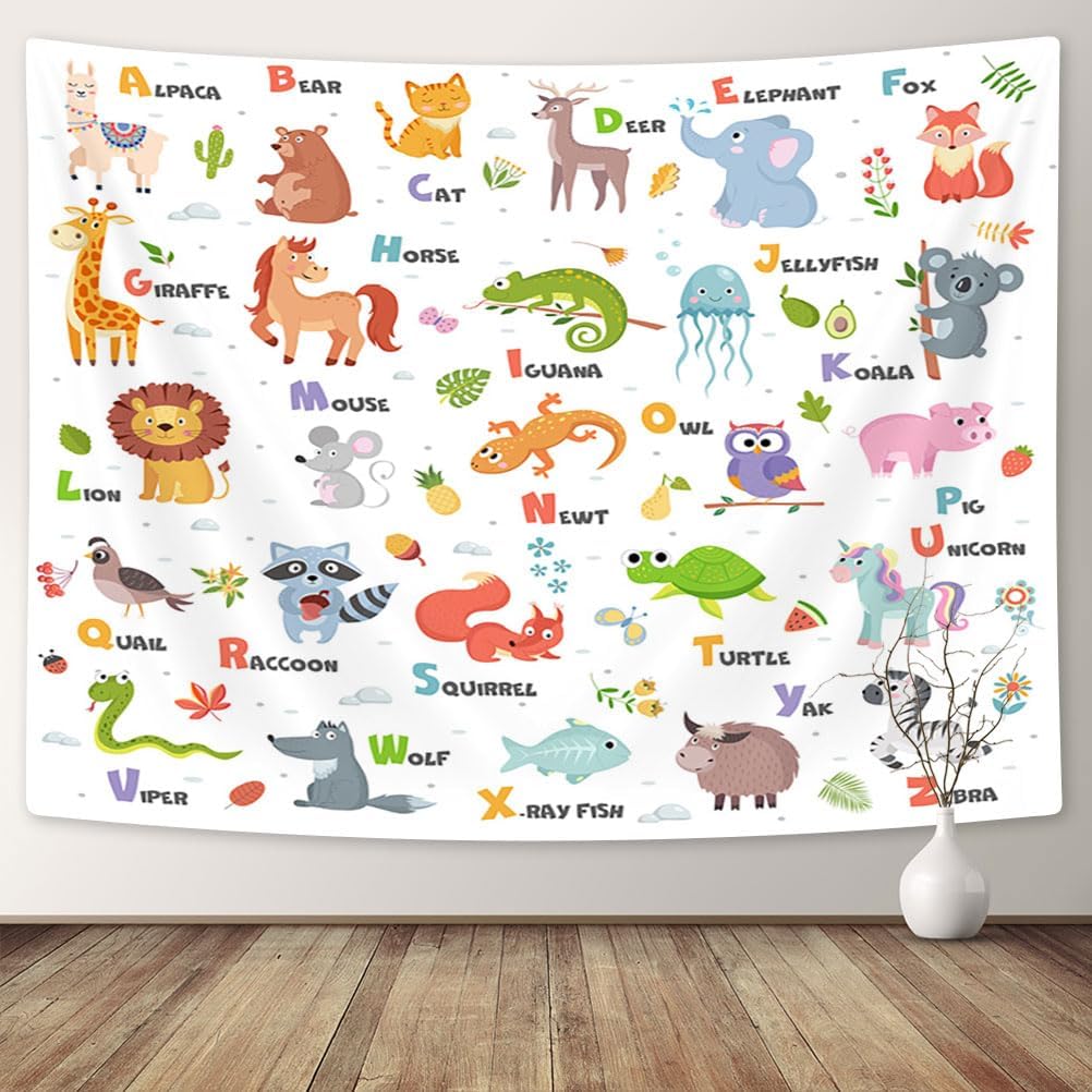 Grtuspr Tapiz de aprendizaje, tapiz de pared del alfabeto ABC, divertido telón de fondo de animales de niños, colgante de pared educativo para