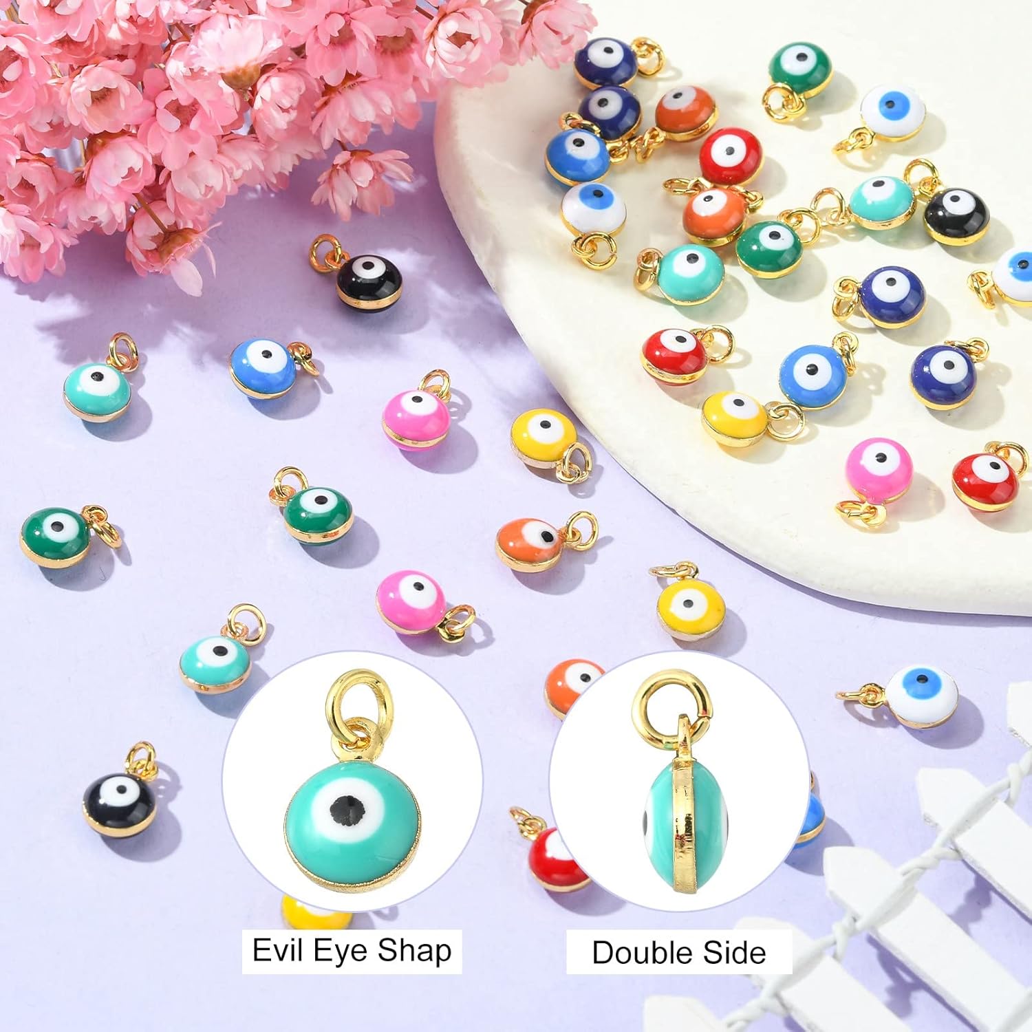 DanLingJewelry 50 pcs Random Colors Evil Eye Charms Double-Sided Evil Eye Pendant Charm Colorful Enamel Eye Charm for Jewelry Making