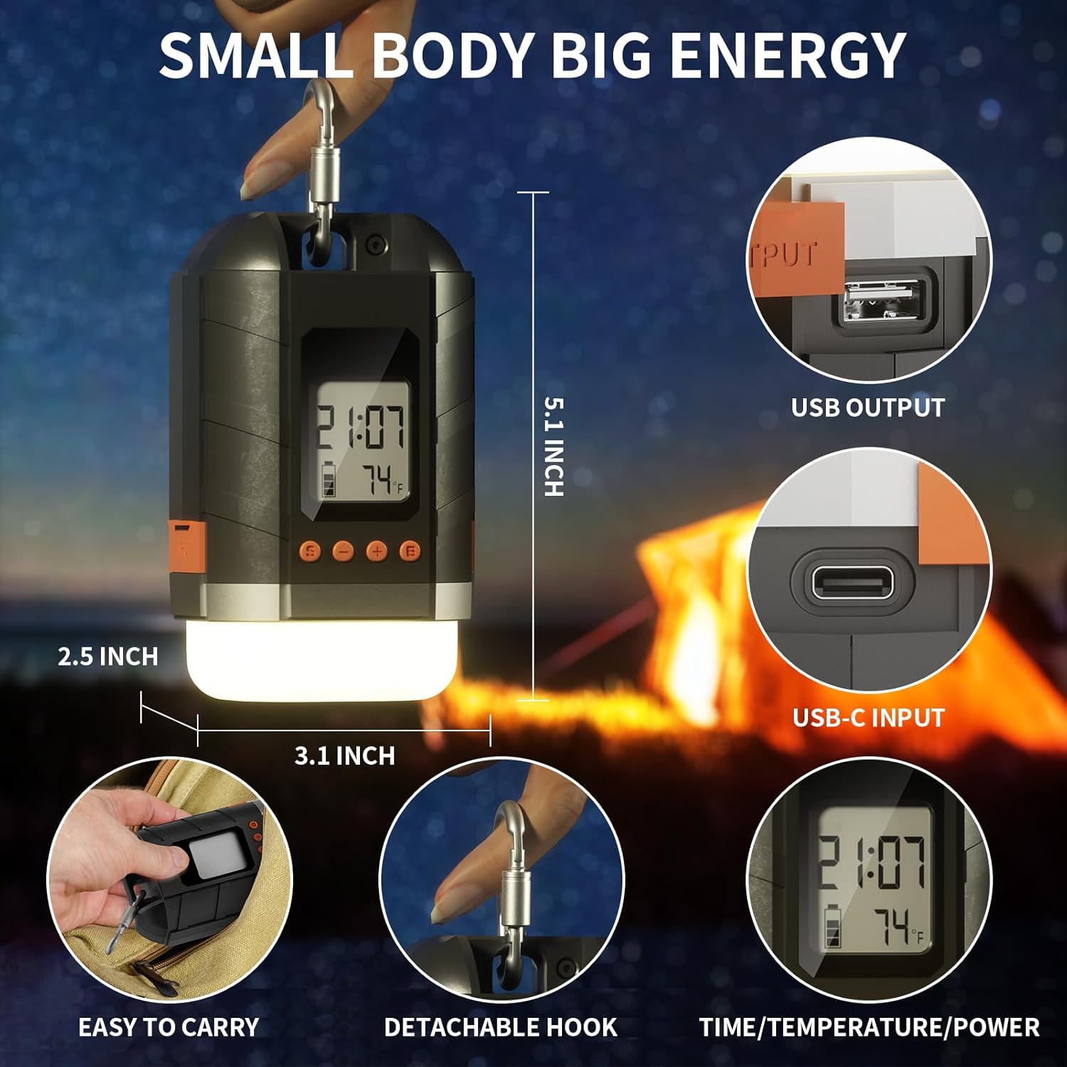 LOBKIN Linterna LED recargable de 15600 mAh  Luces portátiles de emergencia para tienda de campaña, faroles de huracán con 5 modos de luz, pantalla