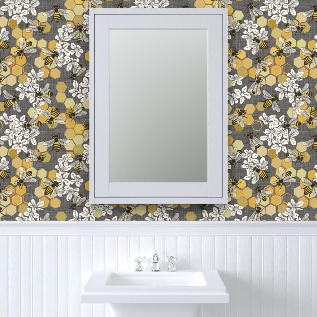 Spoonflower Papel tapiz autoadhesivo de 3 x 2 pies – Blanco Floral Naturaleza Insectos Amarillos Modernos Abejas Miel Gris Papel pintado extraíble