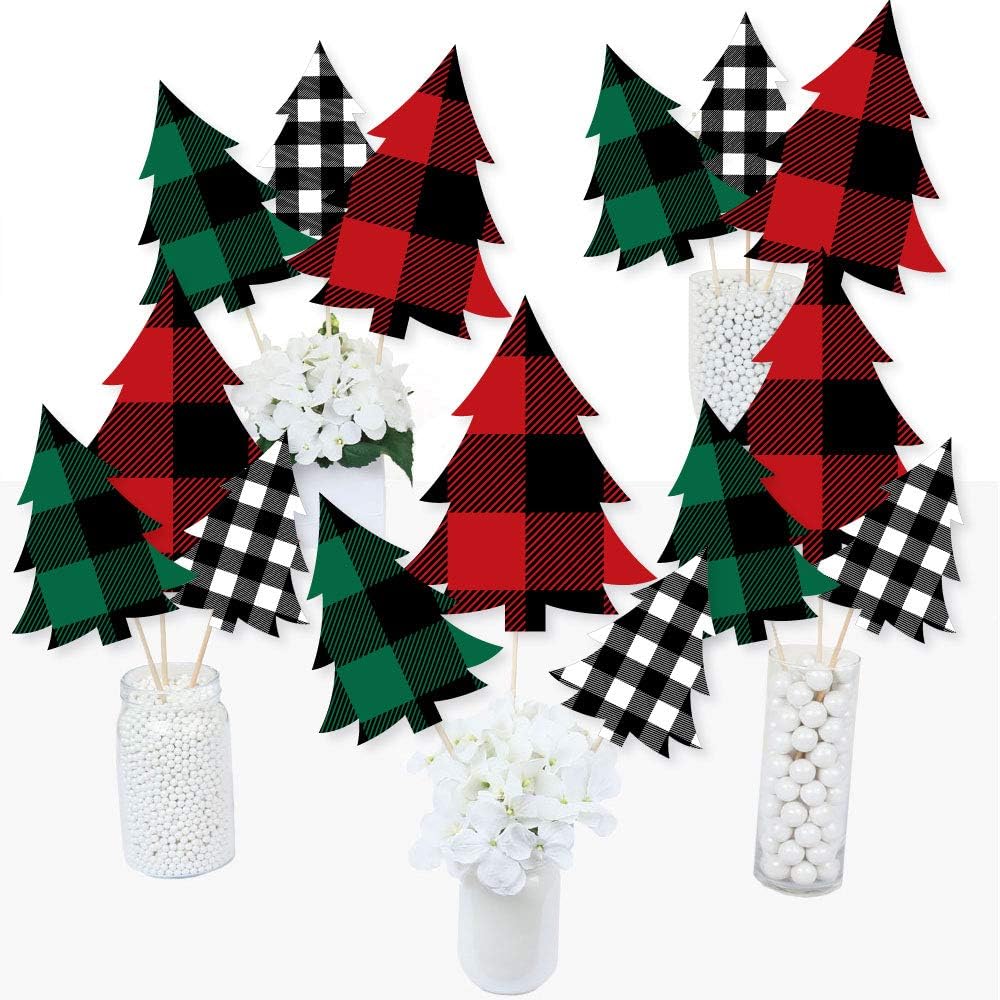 Big Dot of Happiness Holiday Plaid Trees – Palitos de centro de mesa de fiesta de Navidad a cuadros de búfalo – Juego de 15