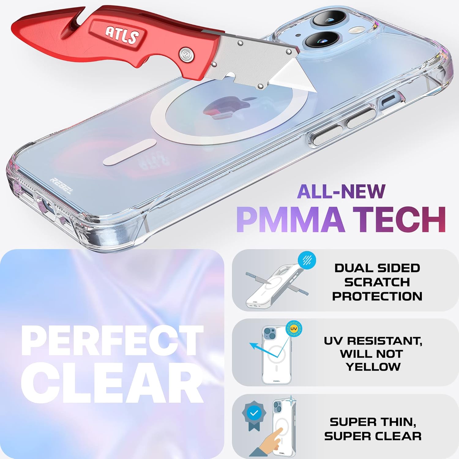 REBEL Funda transparente para iPhone 14 Crystal Series Gen-4 Fuerte compatible con MagSafe, antiarañazos, no amarillea, protección a prueba de