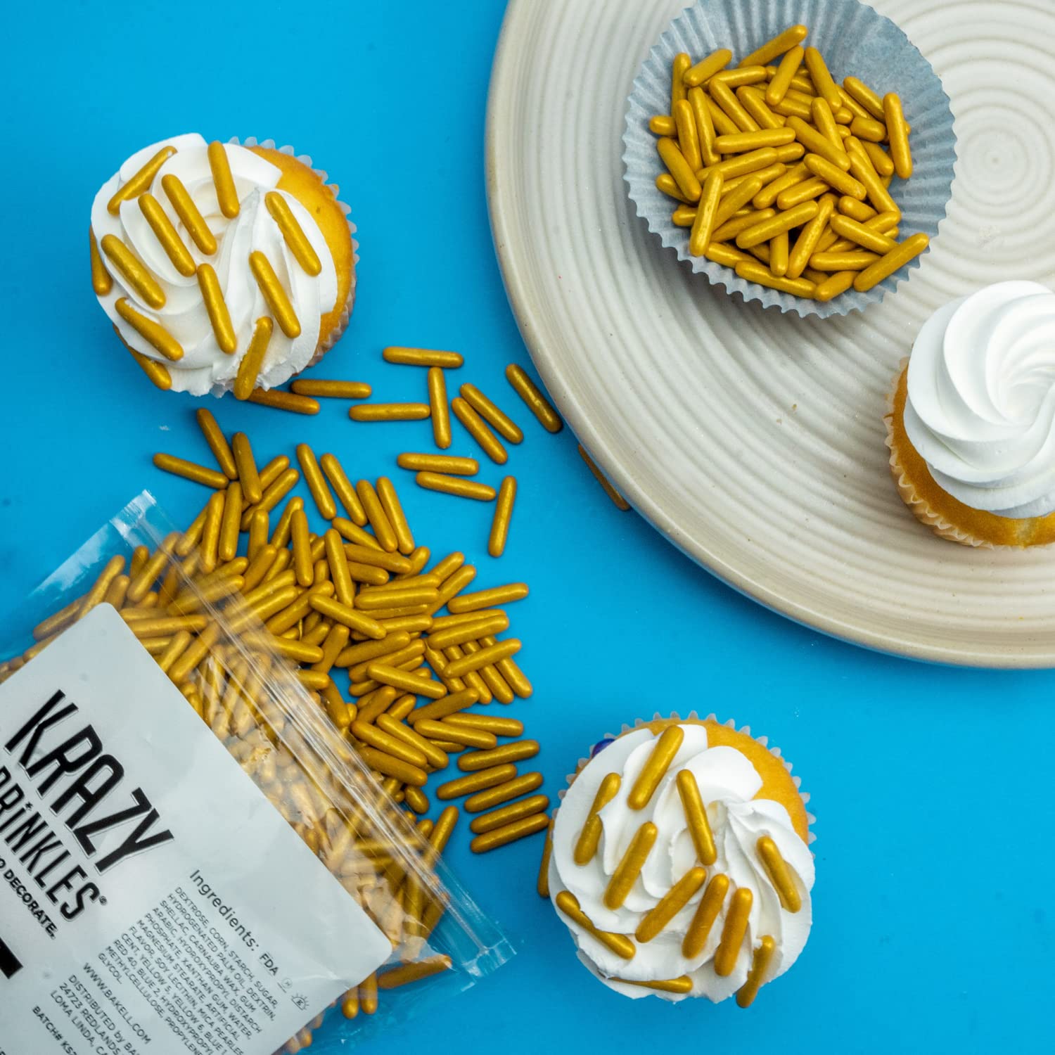 BAKELL Krazy Sprinkles – Gránulos comestibles de grado alimenticio 100 % dorado metálico, sin gluten, sin nueces, para pasteles, paletas, brownies y