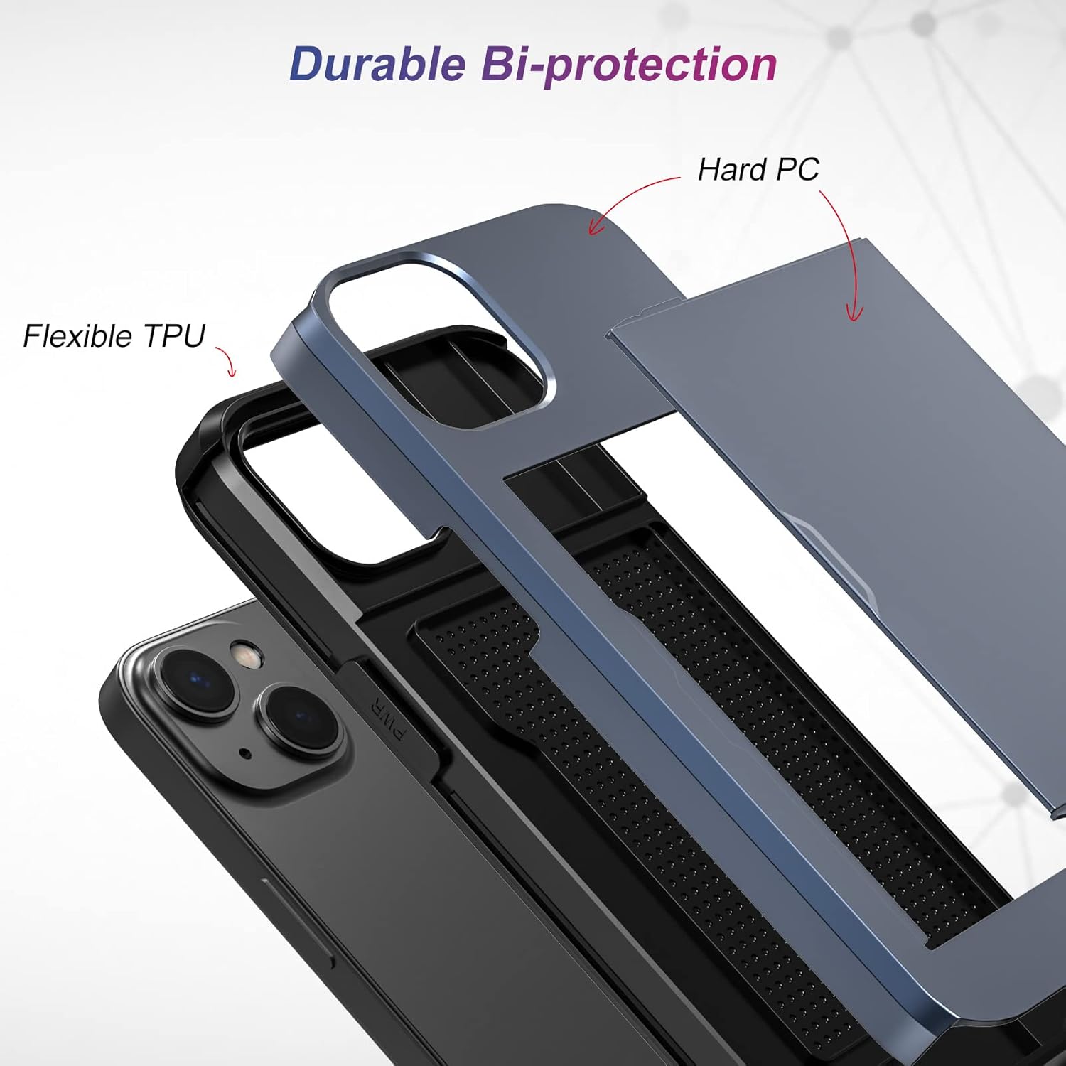 Funda protectora resistente compatible con iPhone 15 con tarjetero (2 unidades), protector de pantalla a prueba de golpes, cartera oculta para