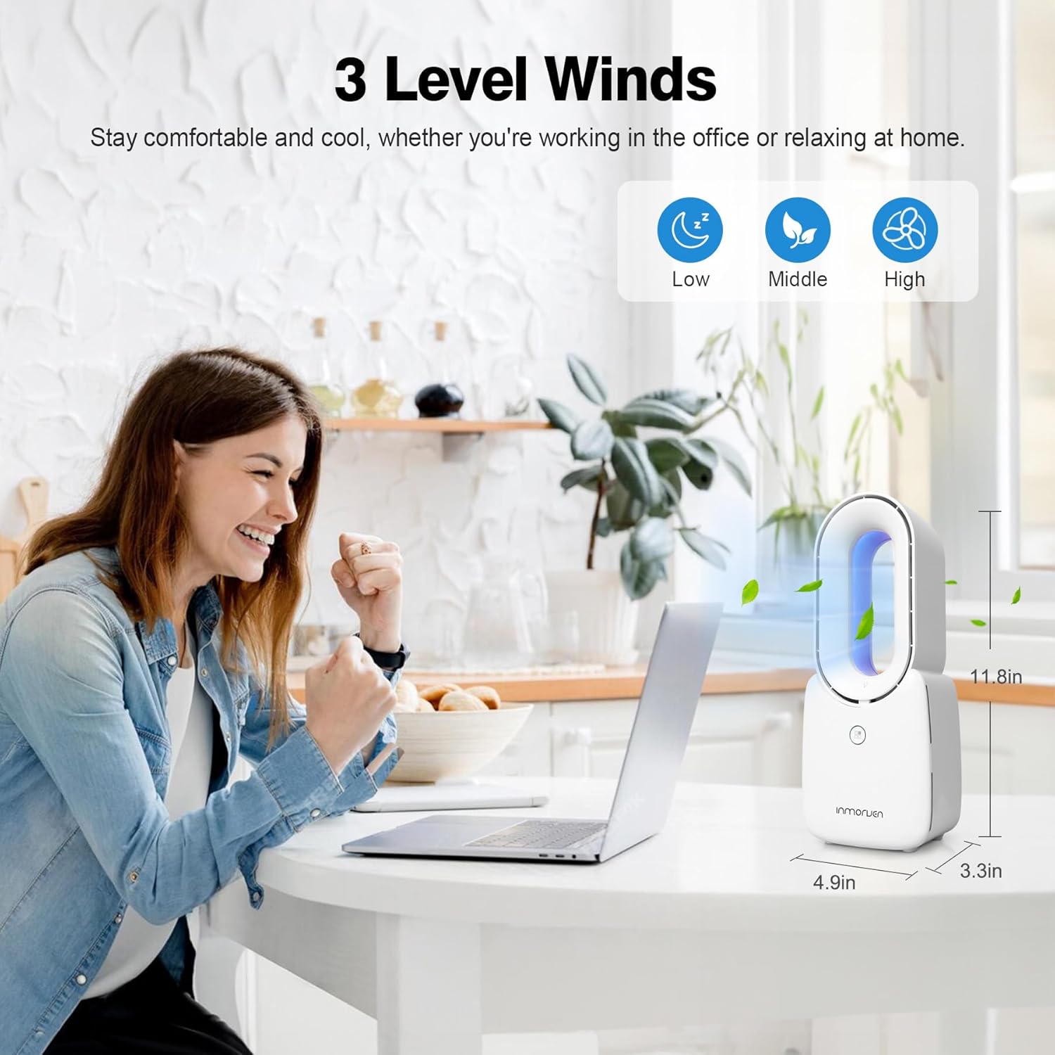 CONBOLA Ventilador de escritorio sin aspas, pequeño ventilador de oficina silencioso de 11.8 pulgadas con luz LED de 5 colores, control táctil,