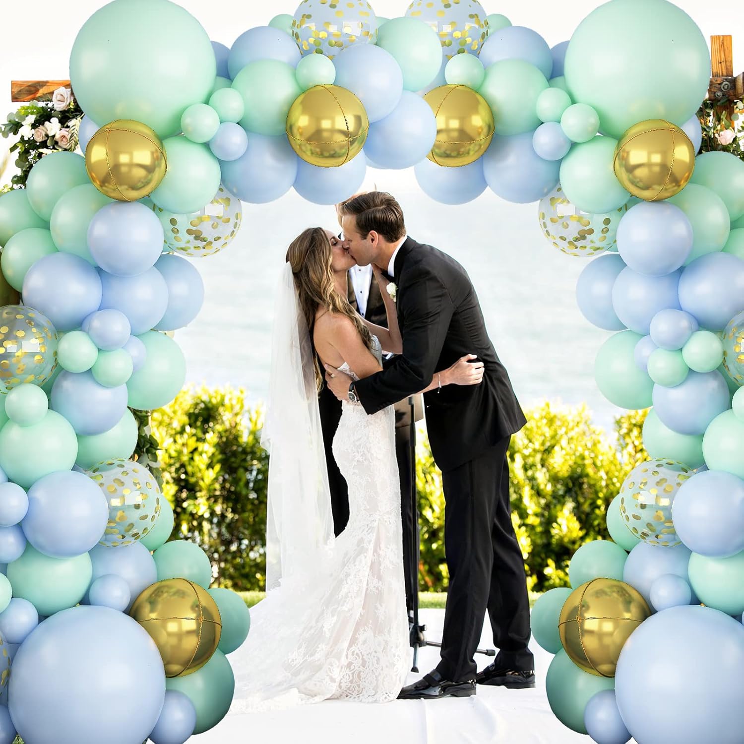 Kit de arco de guirnalda de globos color verde menta pastel y azul con globos dorados metálicos 4D, globo de papel de aluminio, confeti dorado, té