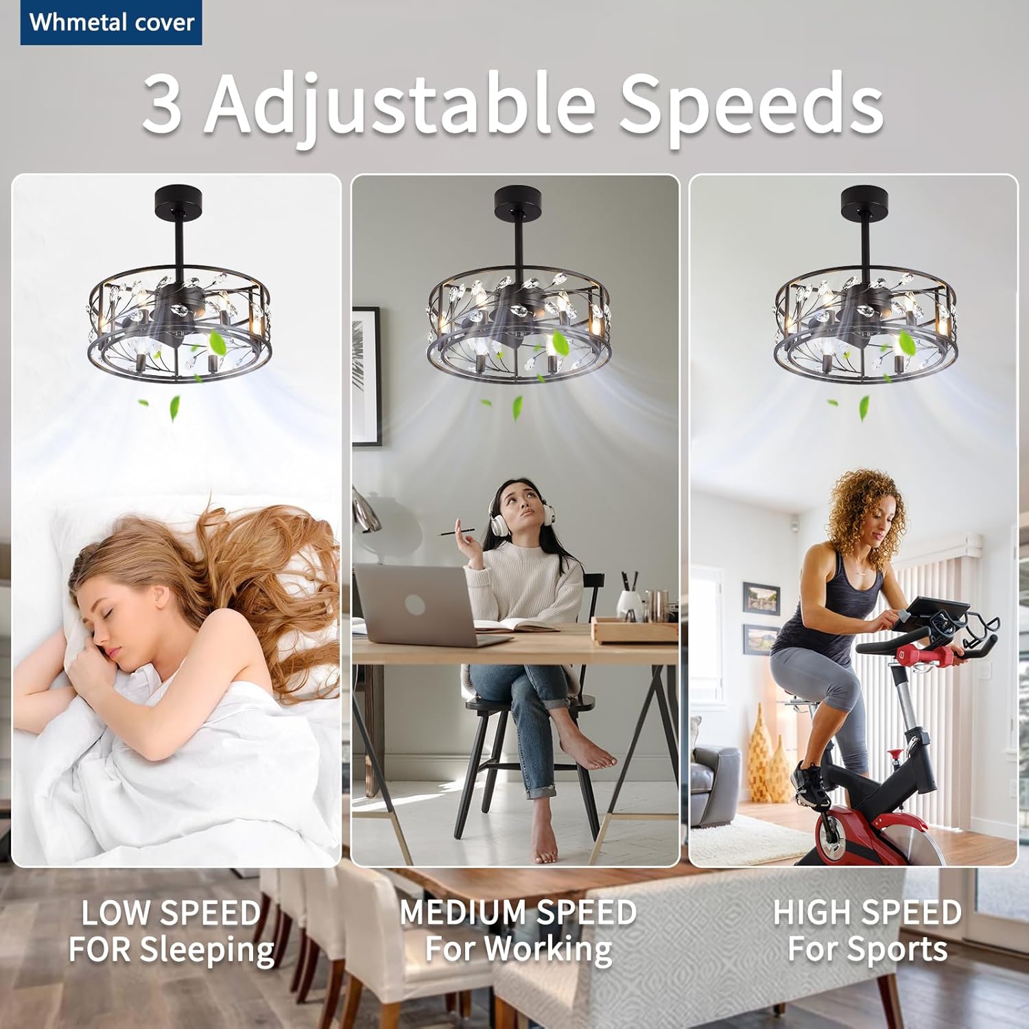 Ventilador de techo enjaulado de 20 pulgadas con luces y control remoto, ventilador de techo de perfil bajo de cristal negro con 3 cuchillas