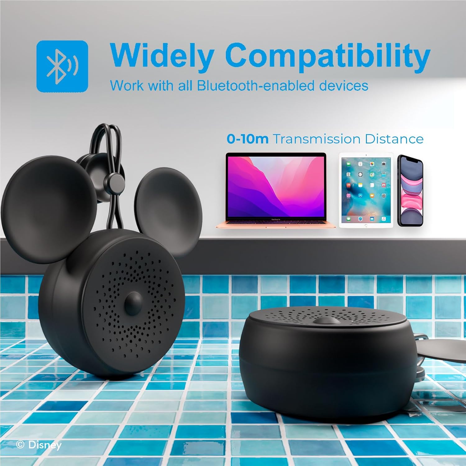 Disney Mickey Mouse Ears – Altavoz de ducha Bluetooth con ventosa – Altavoz resistente al agua con clasificación IPX4 de Disney para ducha, baños,