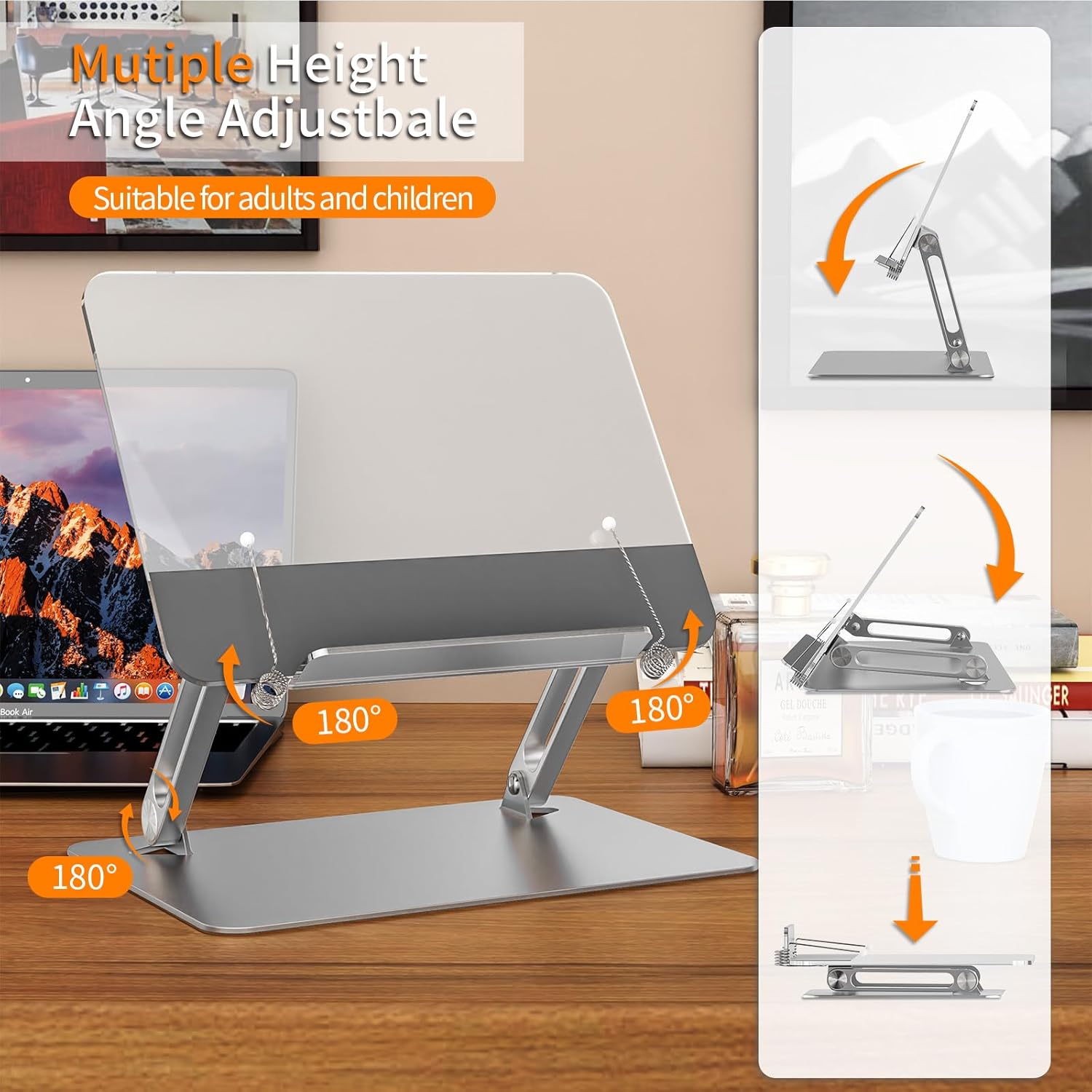 Soporte de acrílico para lectura, soporte ajustable de aluminio con múltiples ángulos y alturas, soporte ajustable para libros y clips de página,
