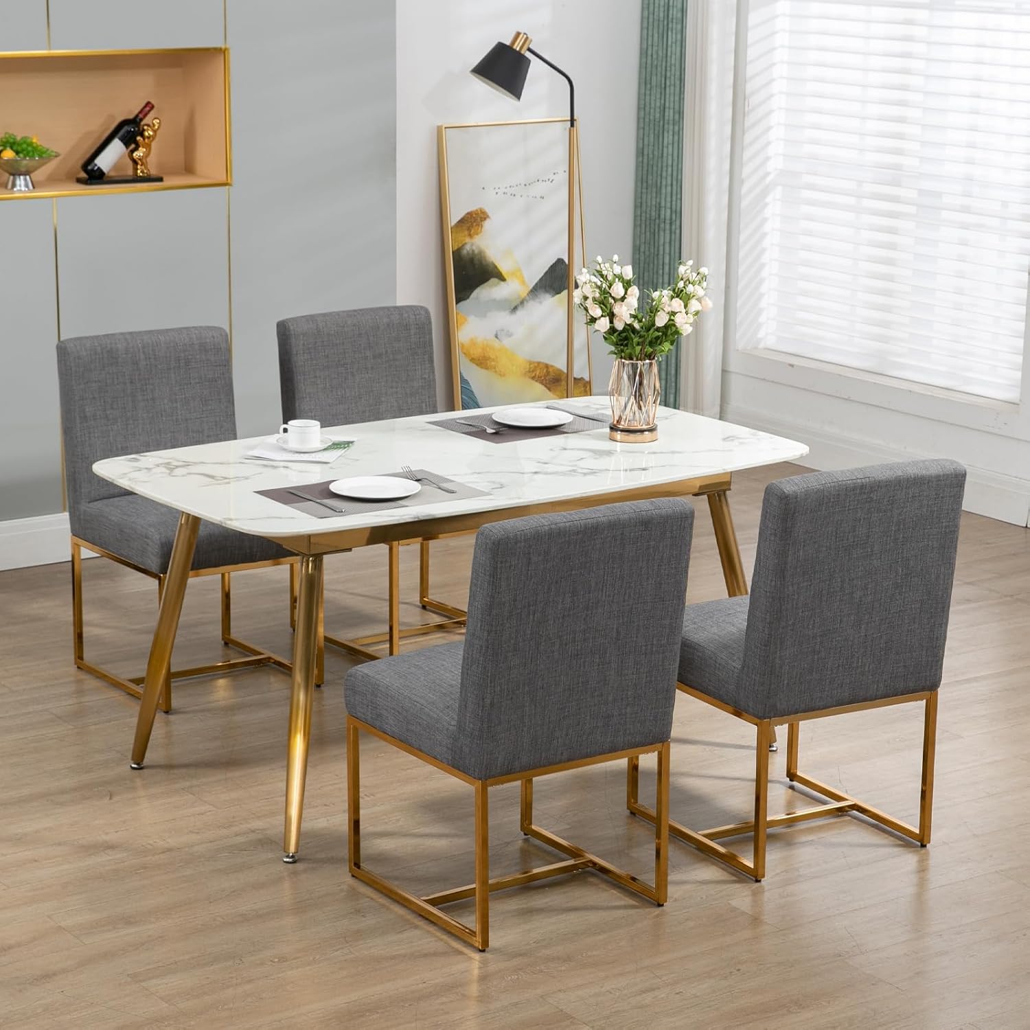 Newnno Juego de 2 sillas de comedor modernas de mediados de siglo, sillas tapizadas de lino con respaldo alto para cocina y comedor con marco de