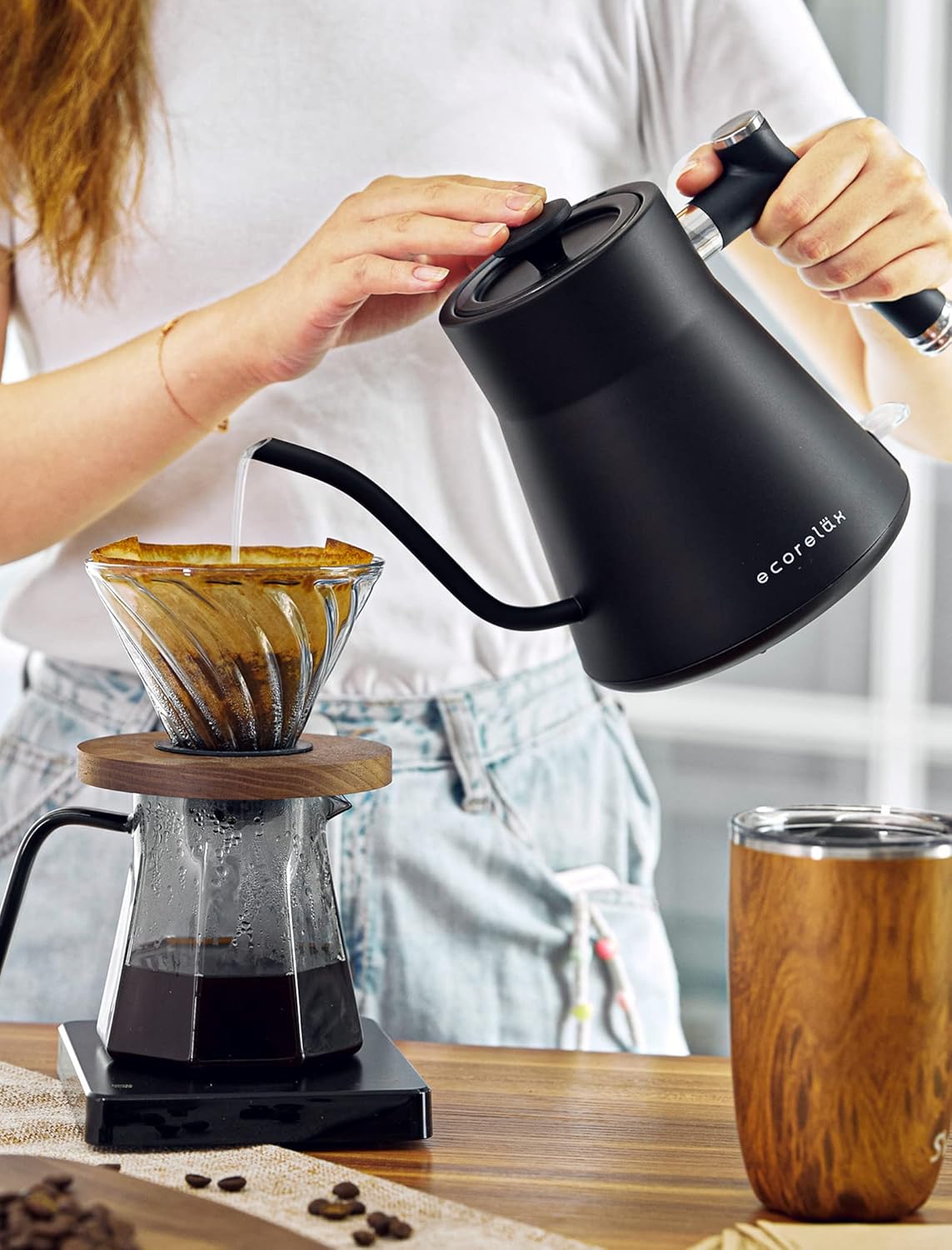 ECORELAX Hervidor eléctrico de cuello de cisne, tetera para café y té, interior 100% de acero inoxidable con diseño a prueba de fugas, calentamiento
