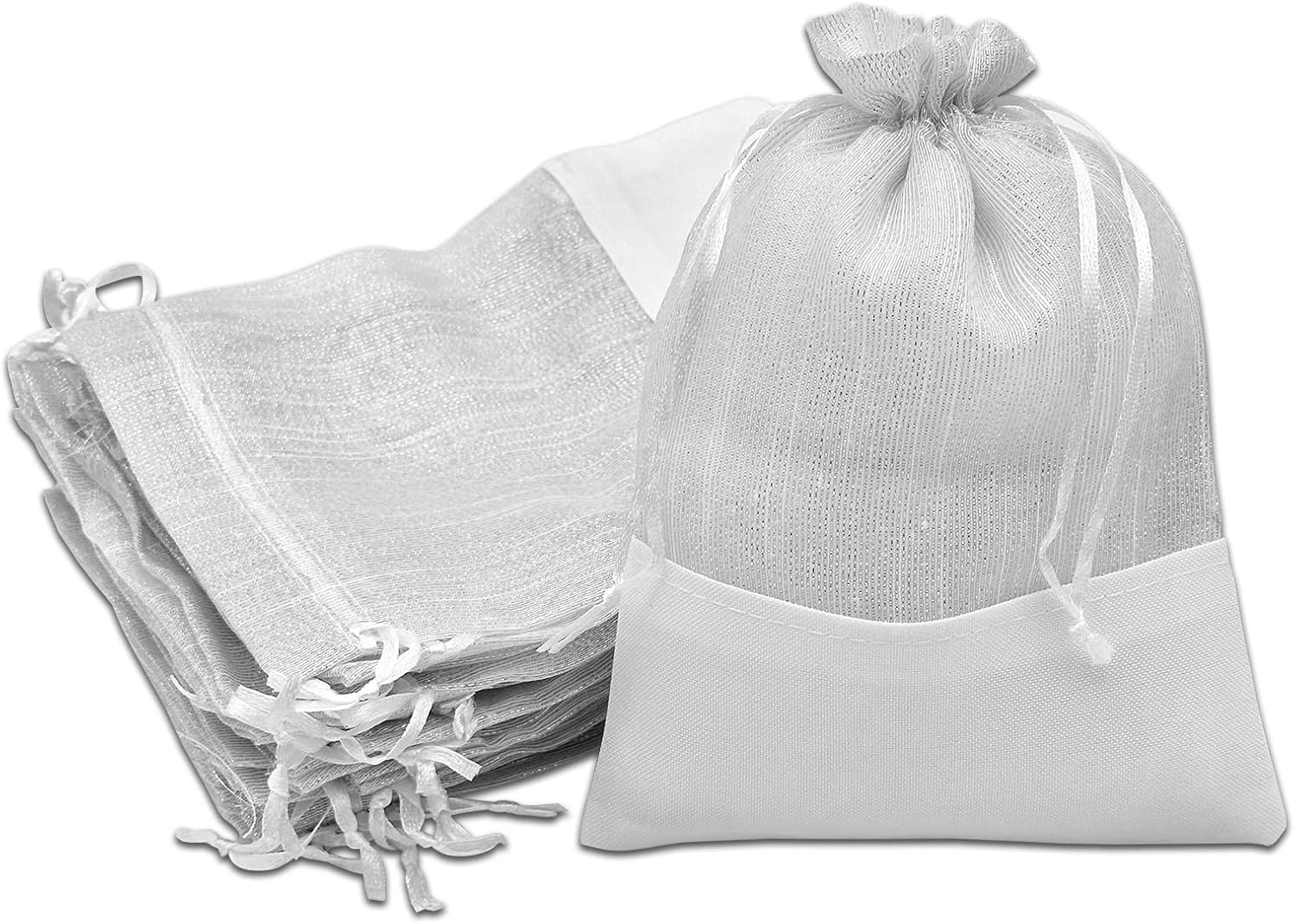 TheDisplayGuys For Your Modern Living Paquete de 24 bolsas de regalo de lino y organza blanca con cordones (grandes 5 12 x 8), recuerdos de fiesta,