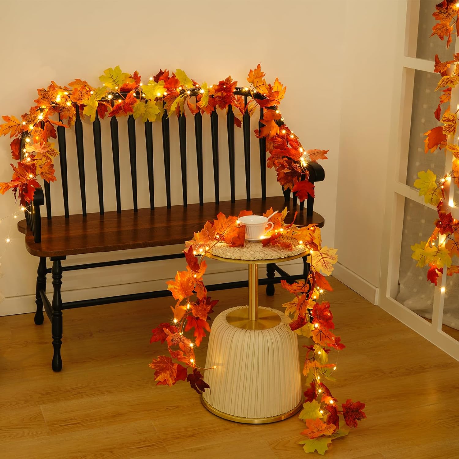 Dolicer Guirnalda de otoño con luces, 2 guirnaldas de hojas de otoño de 11.9 pies, guirnalda de otoño para manto, guirnalda de hojas de arce para el