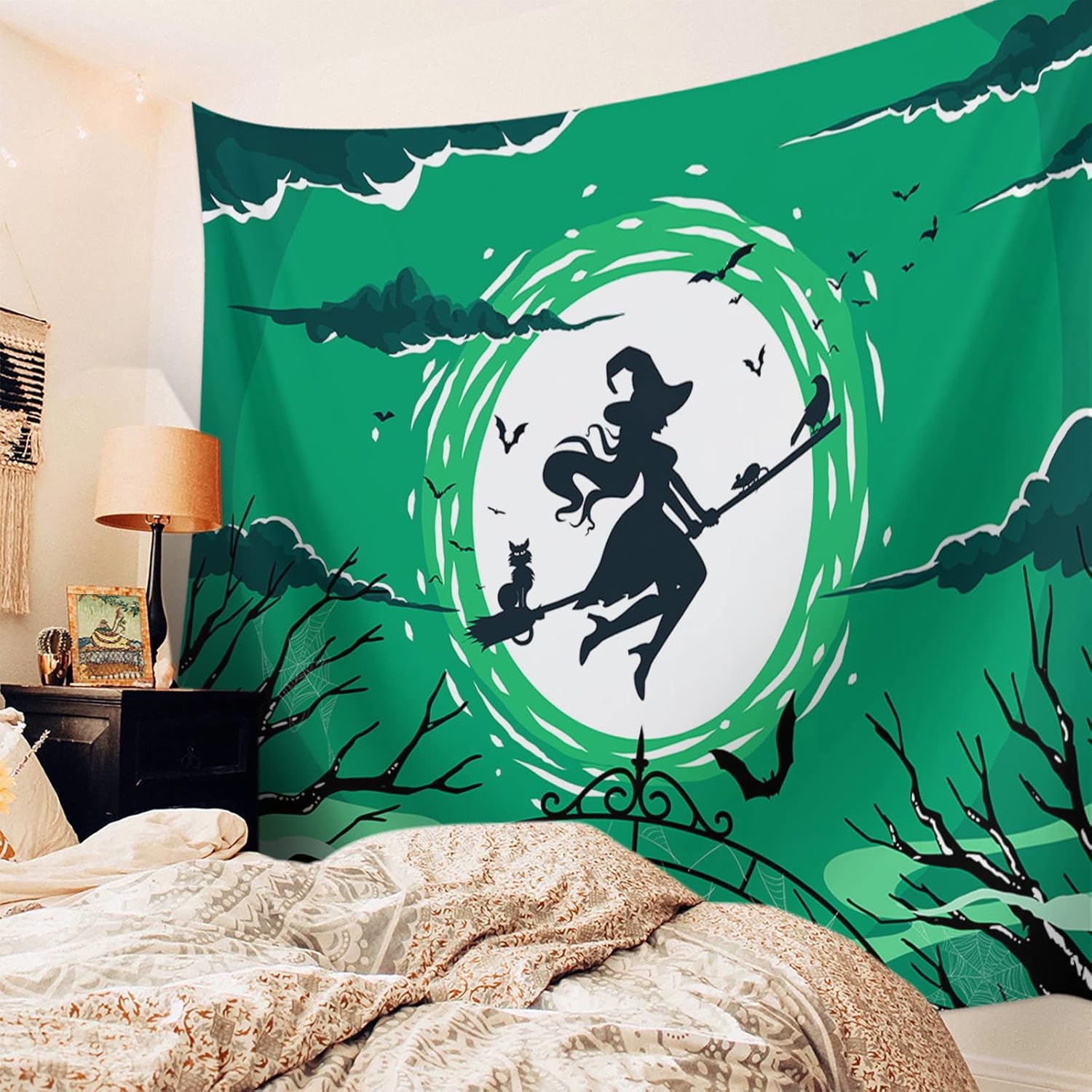 Tapiz de Halloween para colgar en la pared, diseño de bruja de luna llena, tapiz verde estético para dormitorio, sala de estar, dormitorio