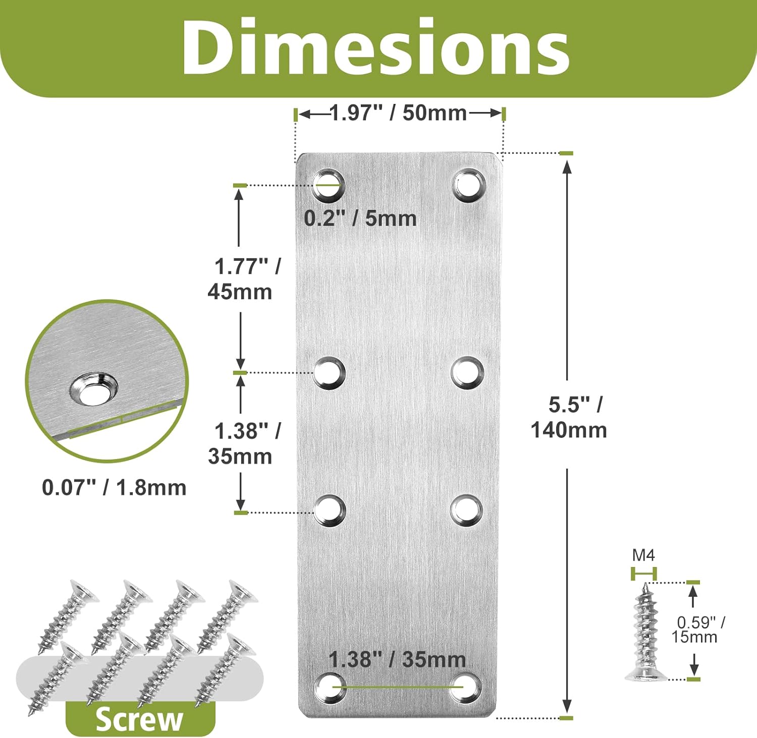 Soporte recto plano de 5.5 x 2 pulgadas, placa de reparación plana plateada de acero inoxidable para muebles de madera (5.512 x 1.969 x 0.079 in, 12