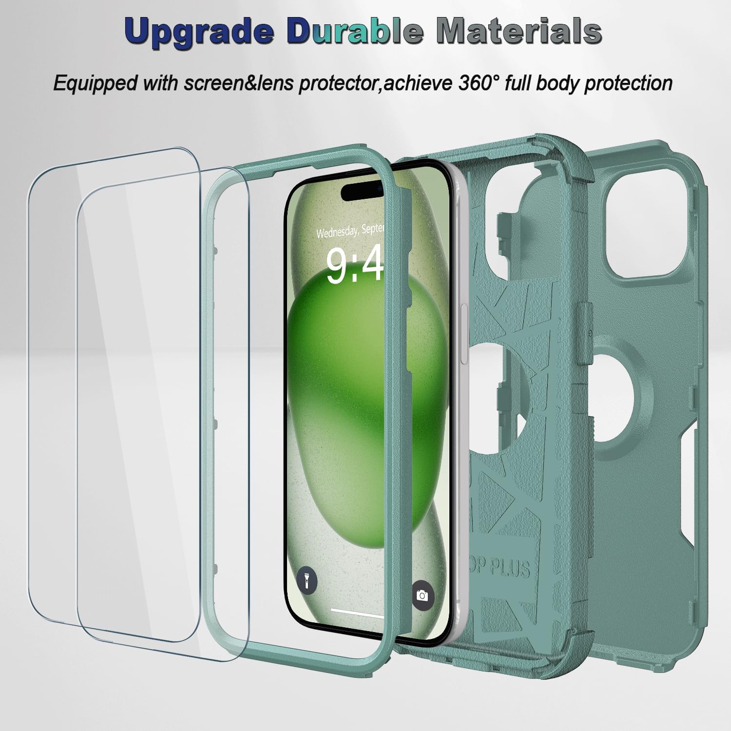 Guirble Funda para iPhone 15, 2 protectores de pantalla de vidrio templado, a prueba de caídas de 10 pies, antideslizante, a prueba de golpes, funda