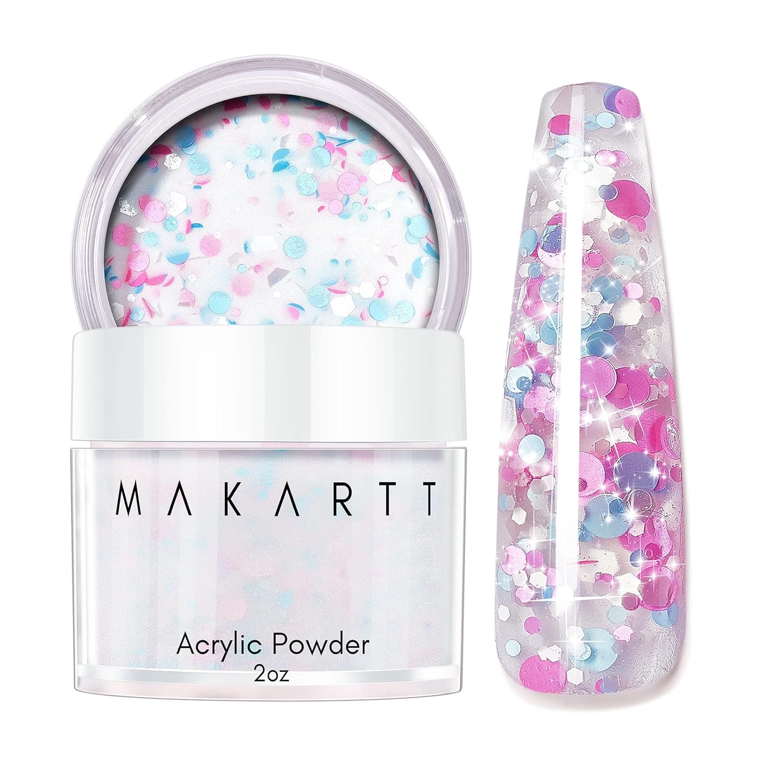 Makartt Polvo de uñas acrílico con purpurina, polvo acrílico brillante mixto de 2 onzas, lunares geométricos rojos y azules, extensión de polvo