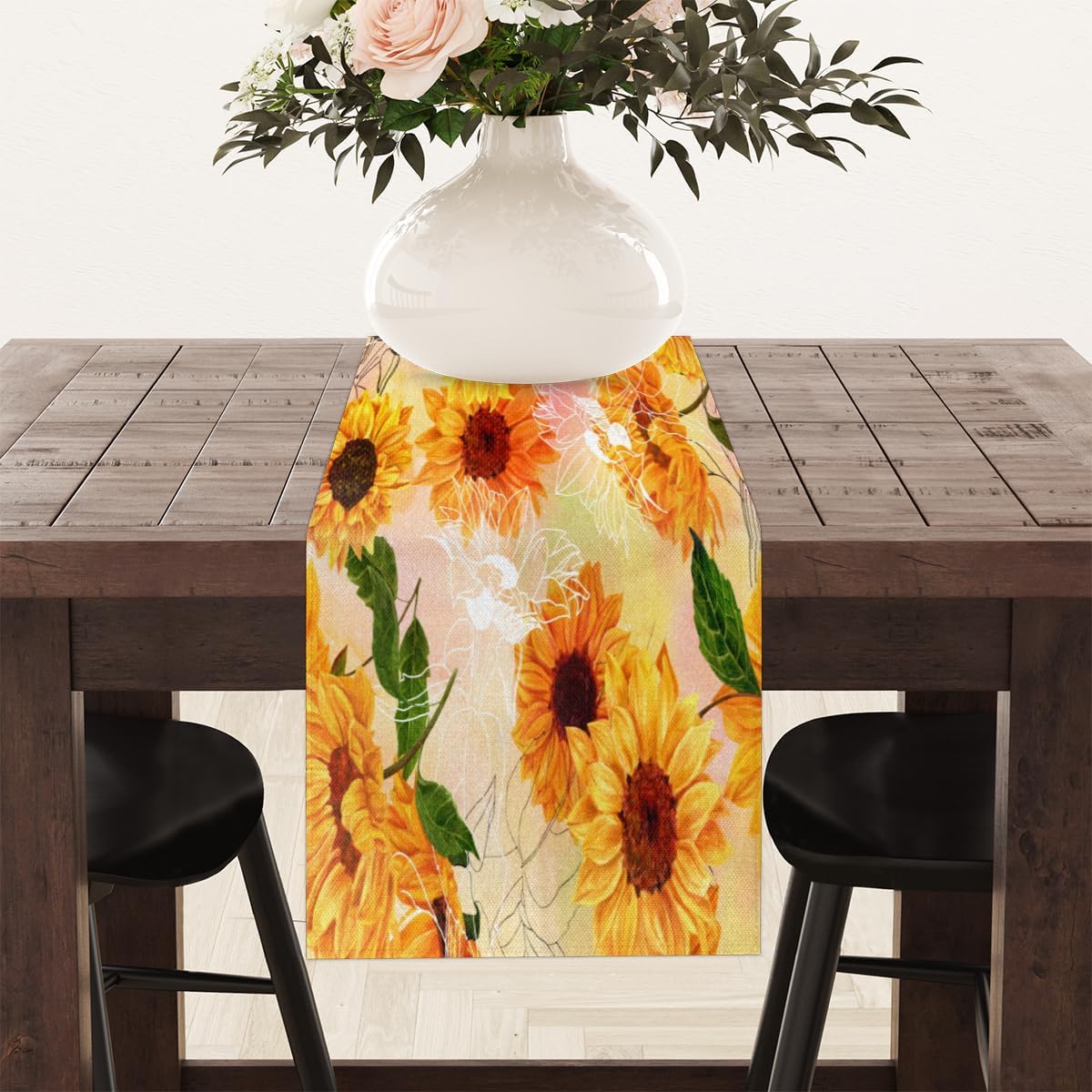 Table Runner Rustic Sunflowers, Rustic Linen Table Cloth for Farmhouse Kitchen, Dinner, Events, Party, Holiday Table Decor 13 x 120 Inches