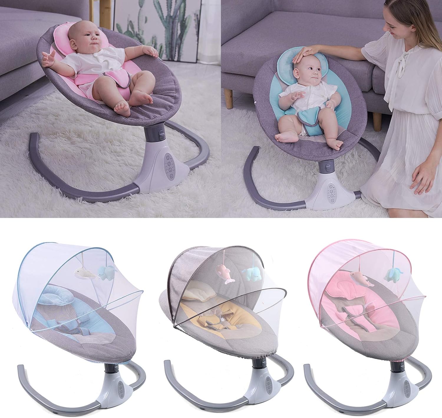 TFCFL Columpios de bebé para bebés, silla columpio plegable para bebé, 4 velocidades con altavoz de música, control remoto, red, juguetes colgantes,