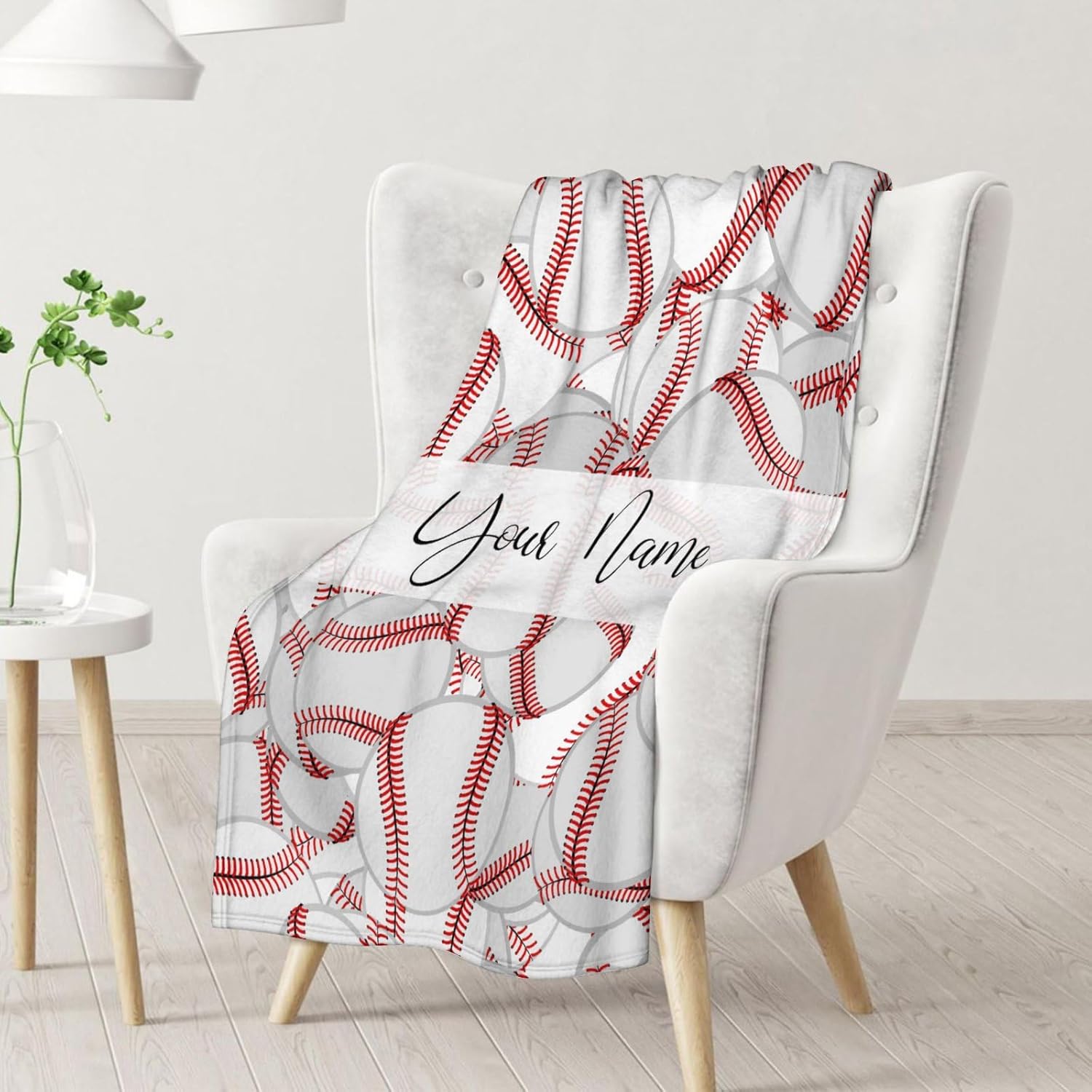 Manta de béisbol personalizada con nombre, manta deportiva de 50 x 60 pulgadas para adultos y niños, manta blanca de felpa suave para cama, sofá,