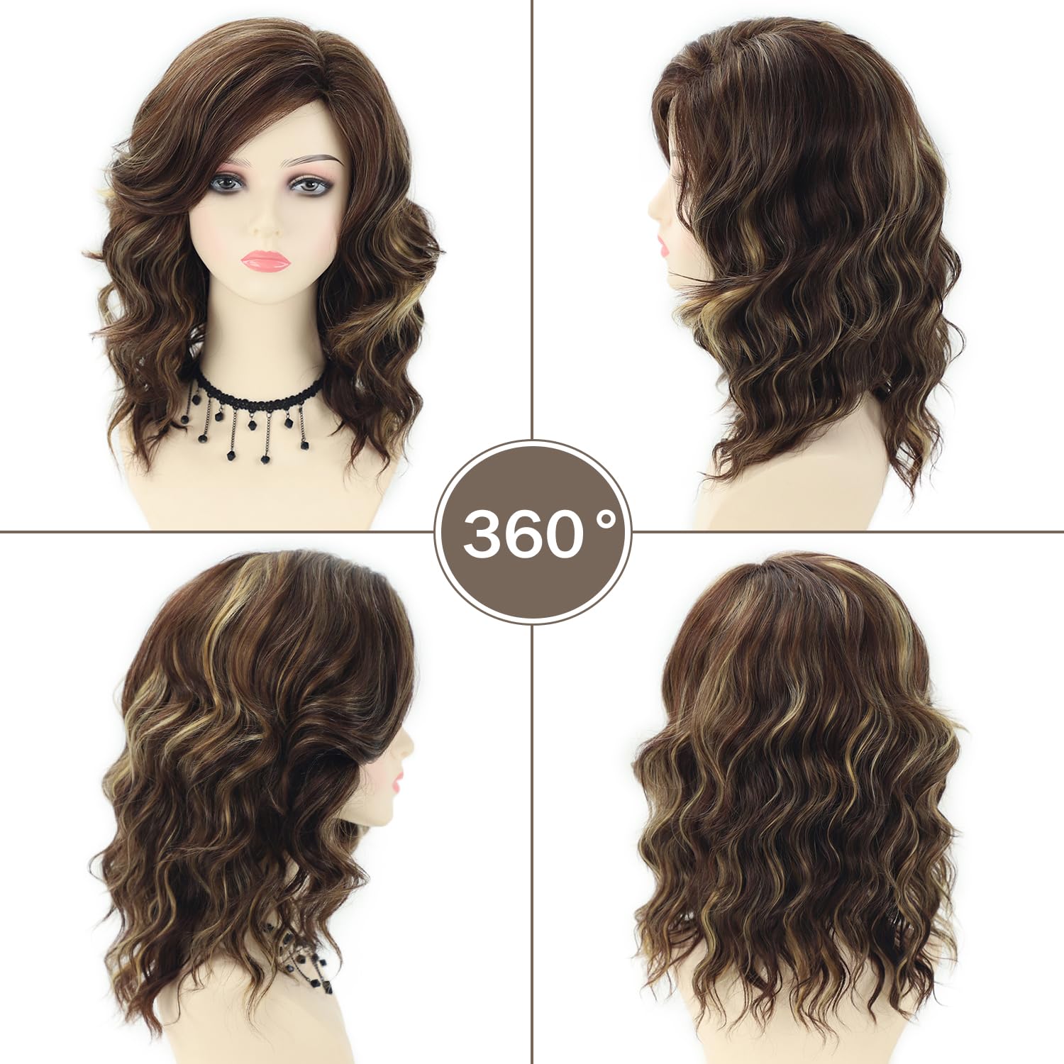 SEVENCOLORS Pelucas rizadas de longitud media con reflejos, pelucas cortas de color castaño mezclado con rubio, pelucas de cabello sintético