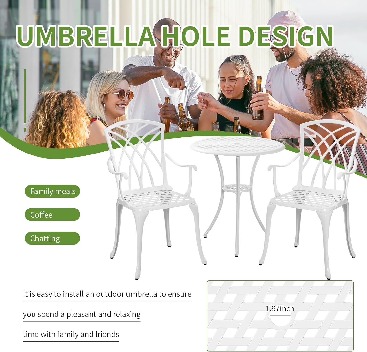 PATIO-IN Juego de 3 piezas para patio bistró con agujero para paraguas, mesa y sillas de bistró al aire libre, muebles de aluminio fundido para el