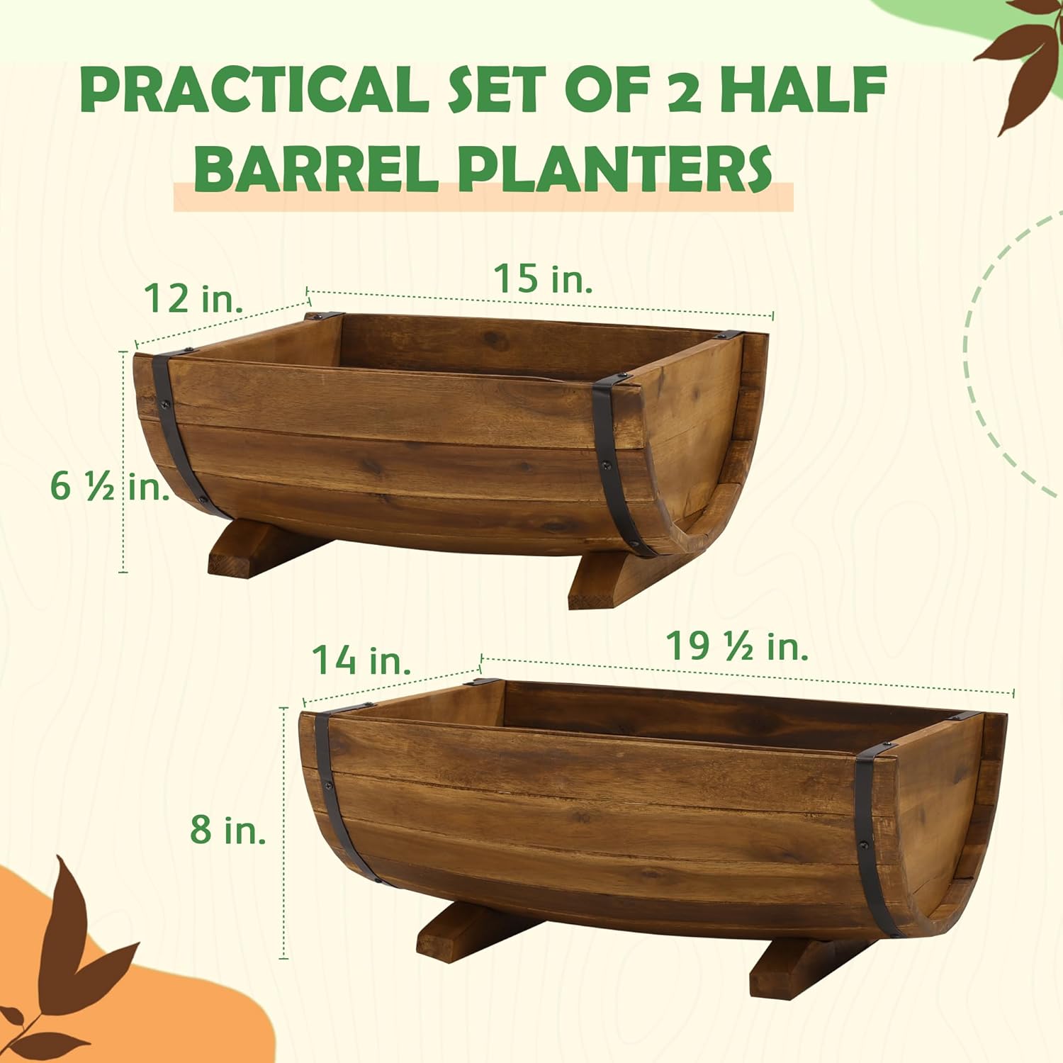 Macetas de madera de acacia maciza de medio barril para exteriores, juego de 2 tamaños diferentes, macetas de madera para plantas al aire libre con