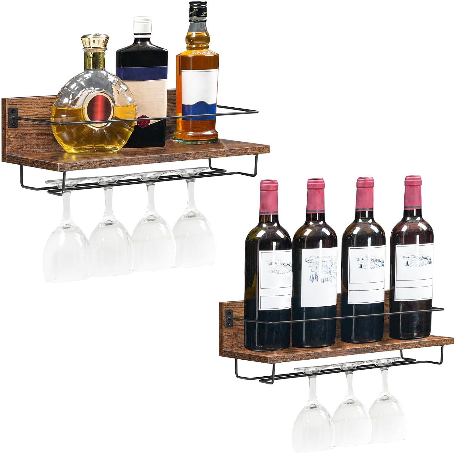 HOOBRO Estante de vino montado en la pared, paquete de 2 estantes flotantes para colgar en la pared, soporte para botellas de copa de vino, para