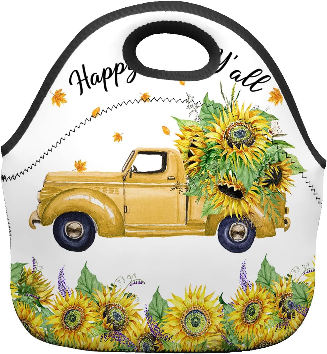 Gsypo Reusable Neoprene Lunch Bag, Happy Fall Y’all Sunflower on Farm Truck Autumn Leaf Soft Thermal Meal Tote, Lightweight Washable Insulated Lunch