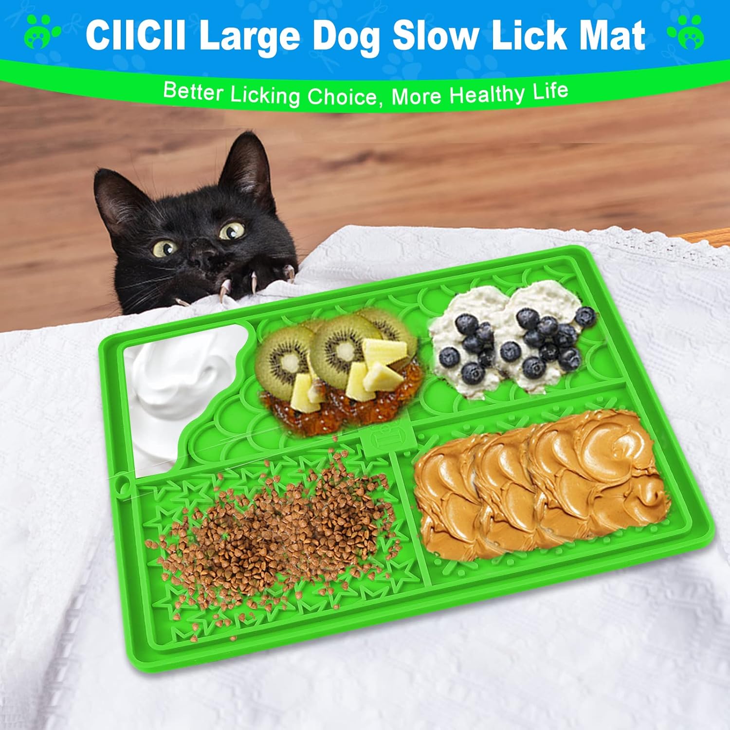 CIICII Tapete grande para lamer perros y gatos, tapete de silicona para lamer perros de 10.3 x 8.3 pulgadas con ventosas (tapete verde para lamer