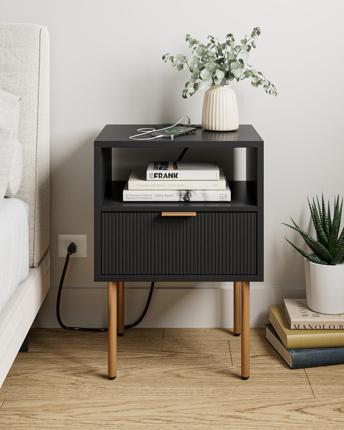 Mesita de noche con estación de carga, cómoda con cajón para dormitorio, mesa auxiliar pequeña con cajón, mesita de noche, mesa auxiliar con marco