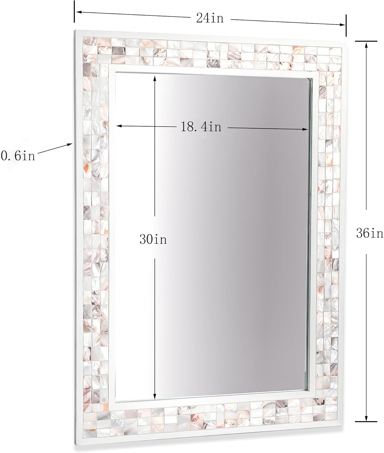 Espejo de mosaico para pared de 24 x 36 pulgadas, espejo de pared rectangular con incrustaciones de nácar natural, espejo de vidrio templado