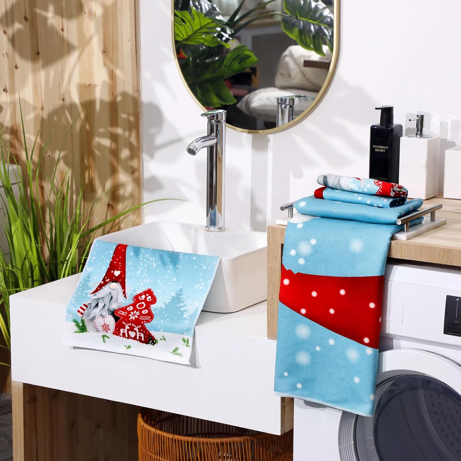 Juego de 3 toallas de baño de gnomo de Navidad, toallas de mano para árbol de Navidad, toallas de baño de copos de nieve, toallas de baño suaves y
