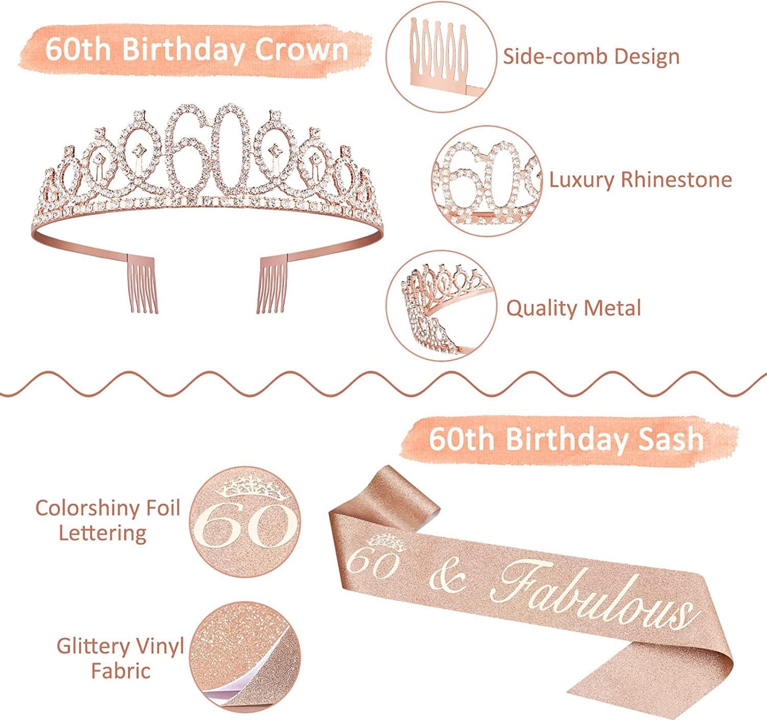 Decoraciones de 60 cumpleaños para mujer, 90 piezas de oro rosa y fabulosas decoraciones de cumpleaños 60, incluyendo telón de fondo de pancarta de