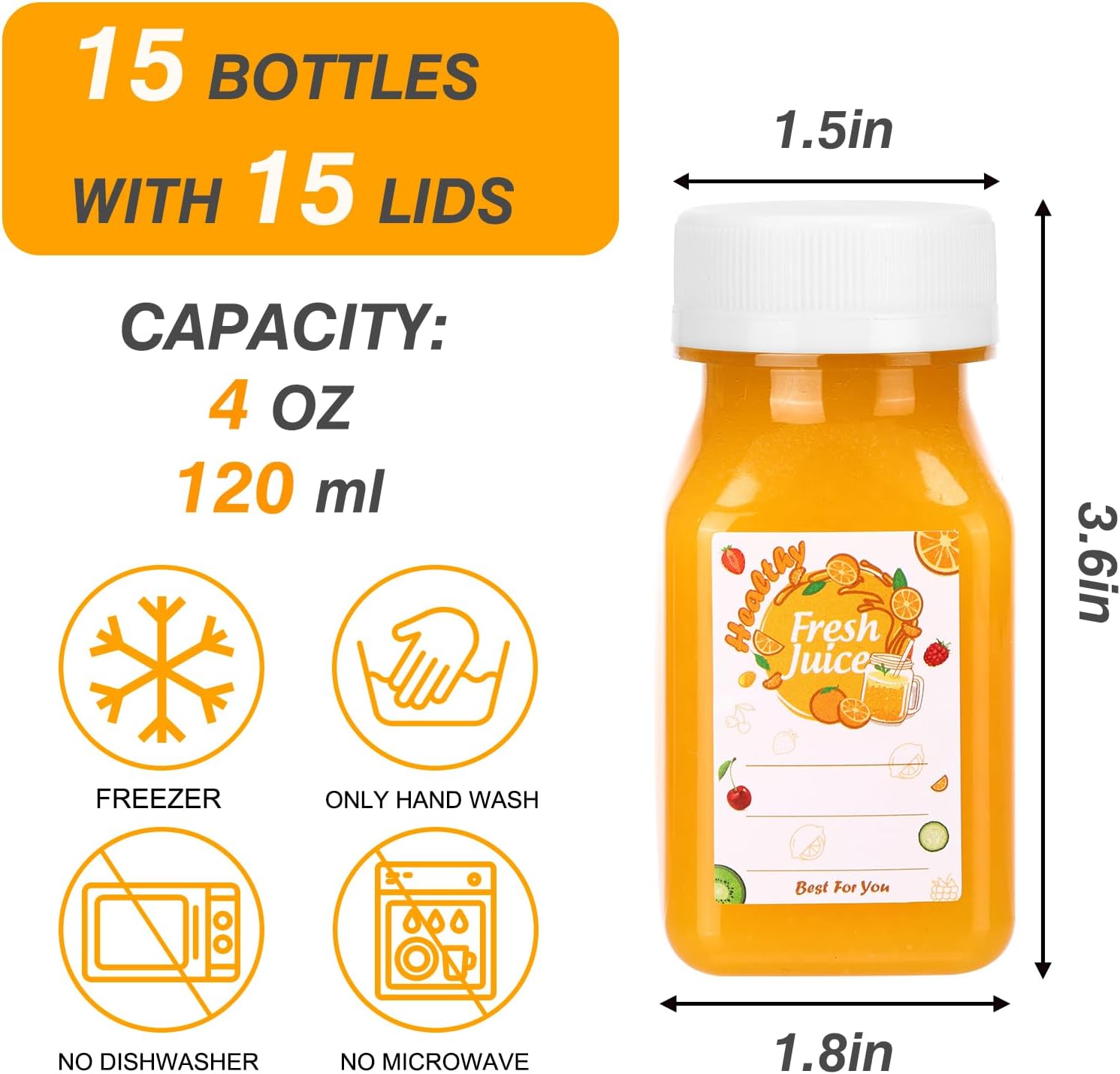 Moretoes Botellas de chupito de 4 onzas con tapas, 15 botellas de plástico para jugos, recipientes de bebidas a granel con tapas para jugos,