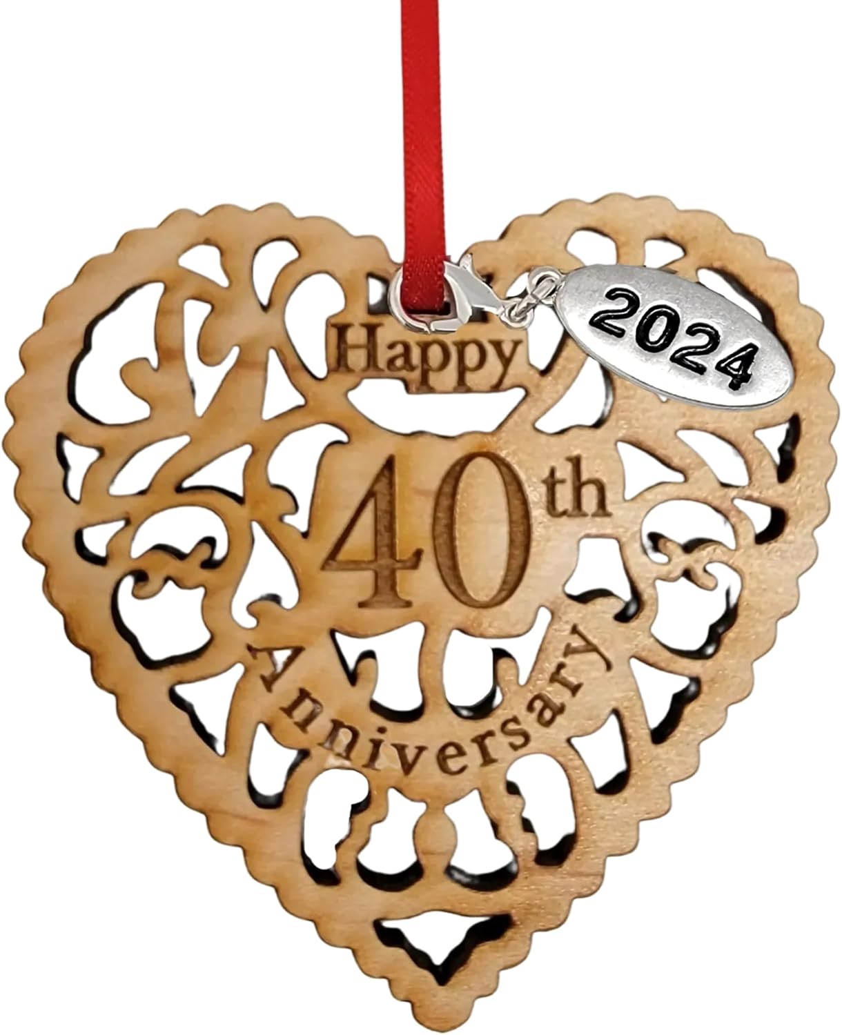 Adorno de 40 aniversario con fecha y fecha para colgar, corazón de madera feliz para parejas, hermoso detalle de madera cortado con láser en forma
