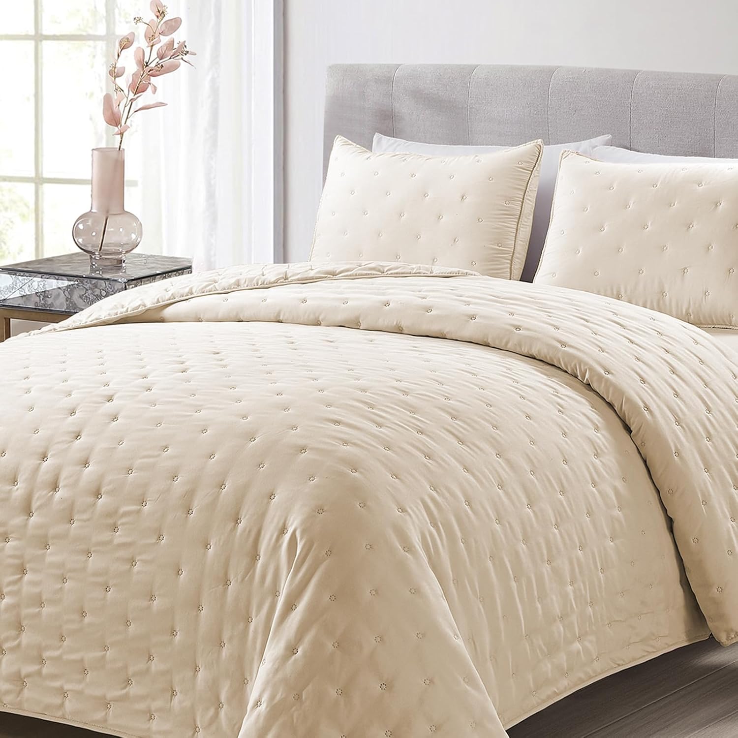 Juego de edredones reversibles tamaño Queen, edredón beige de 3 piezas con fundas de almohada, colcha de microfibra con patrón de puntos, colcha