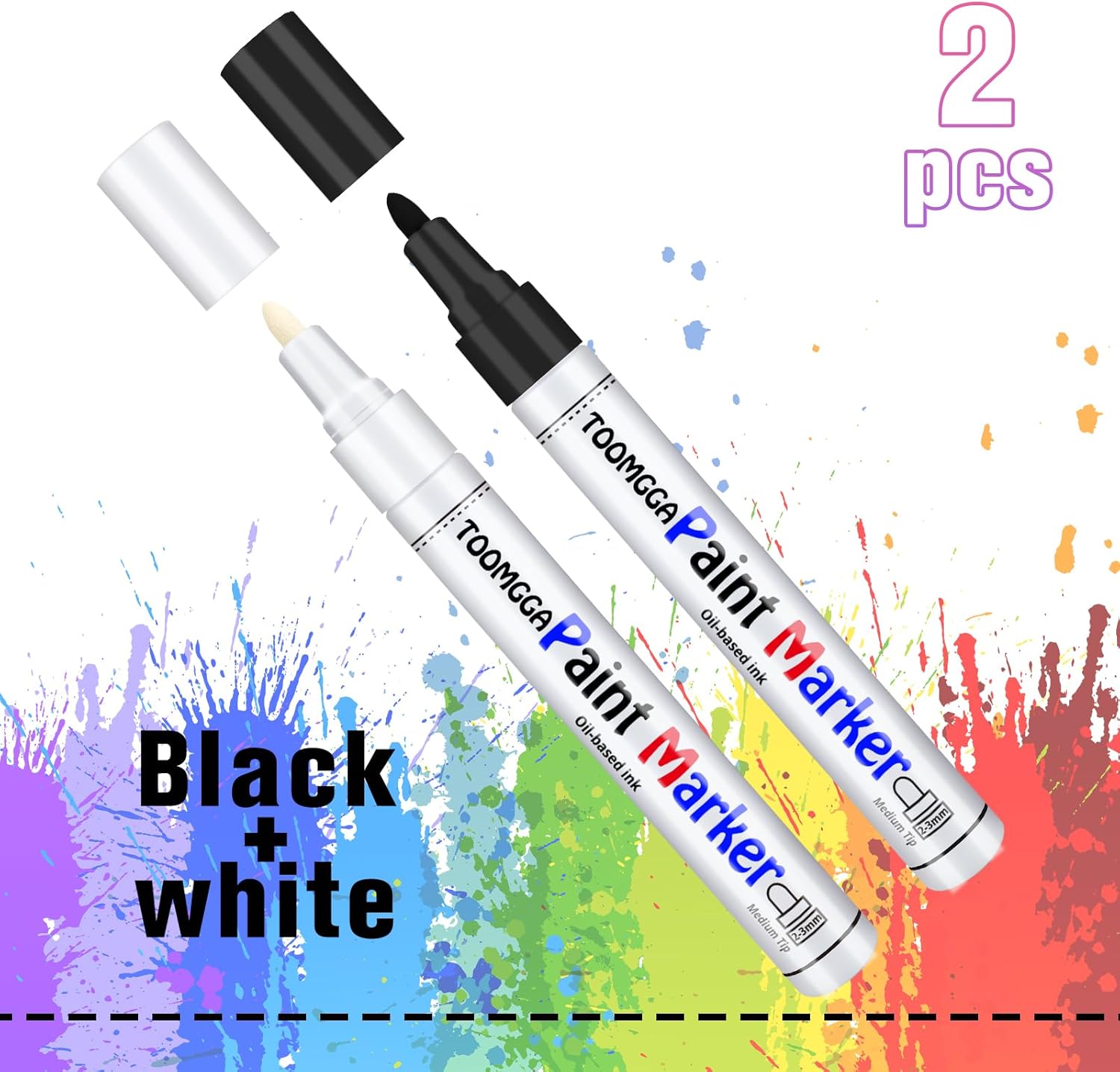 Marcadores permanentes blancos y negros, paquete de 2 marcadores de pintura a base de aceite, punta media, bolígrafos de pintura de secado rápido